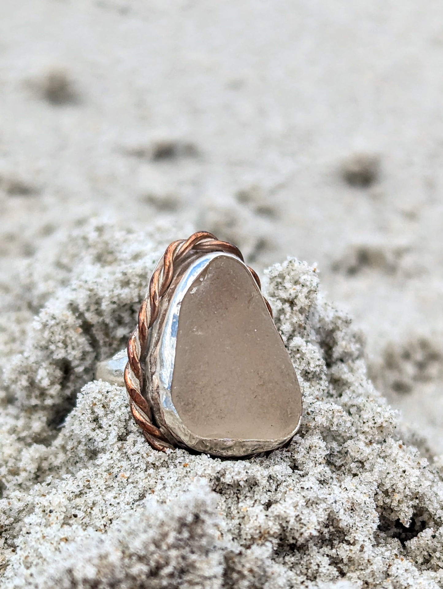 Frosted Clear Beach Glass and Silver Statement Ring with Copper Accent