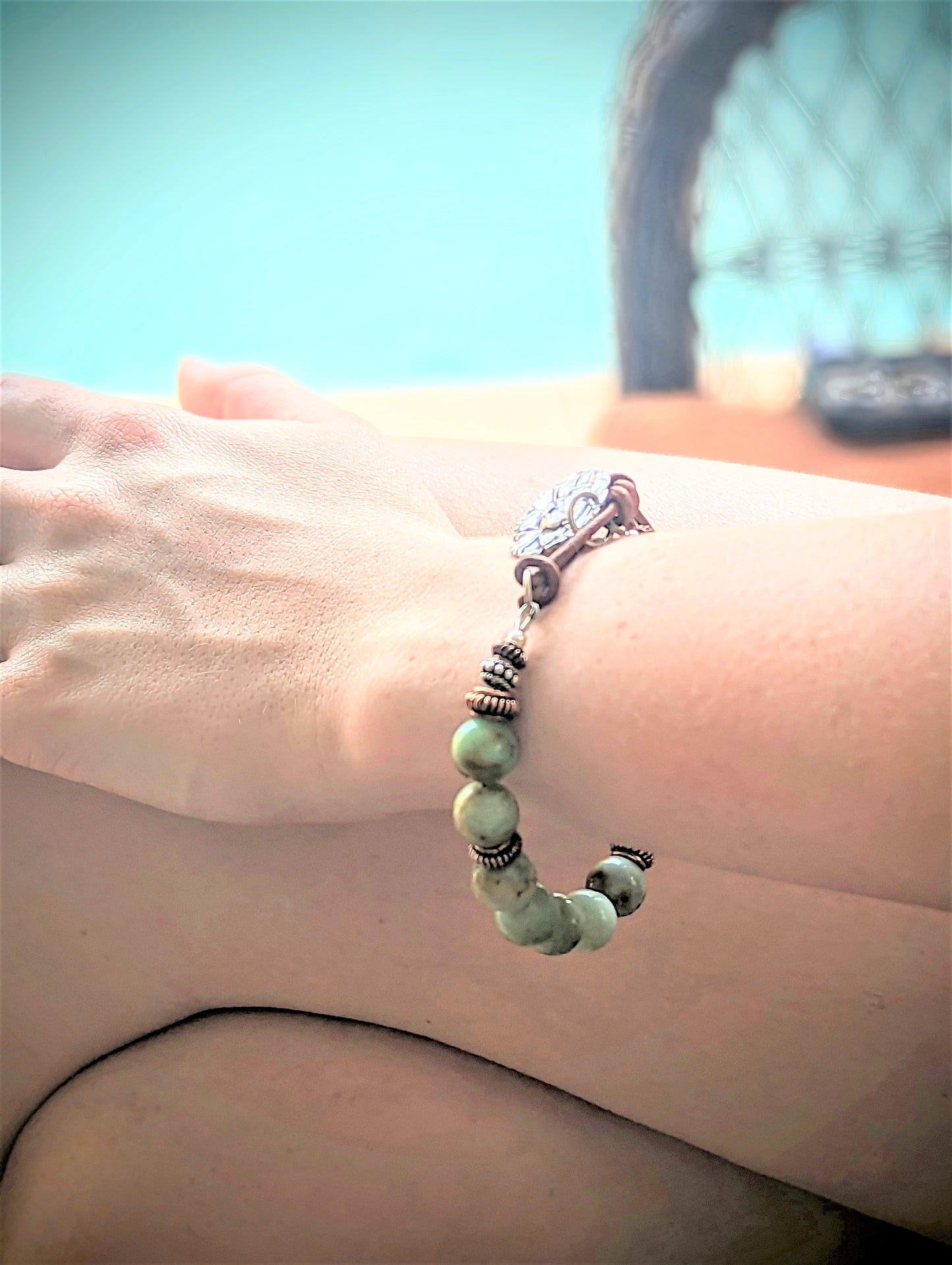 Green Peruvian Chrysoprase Bracelet with Silver Flower and Leather Closure, Boho Unisex Eco-Friendly Gemstone Bracelet