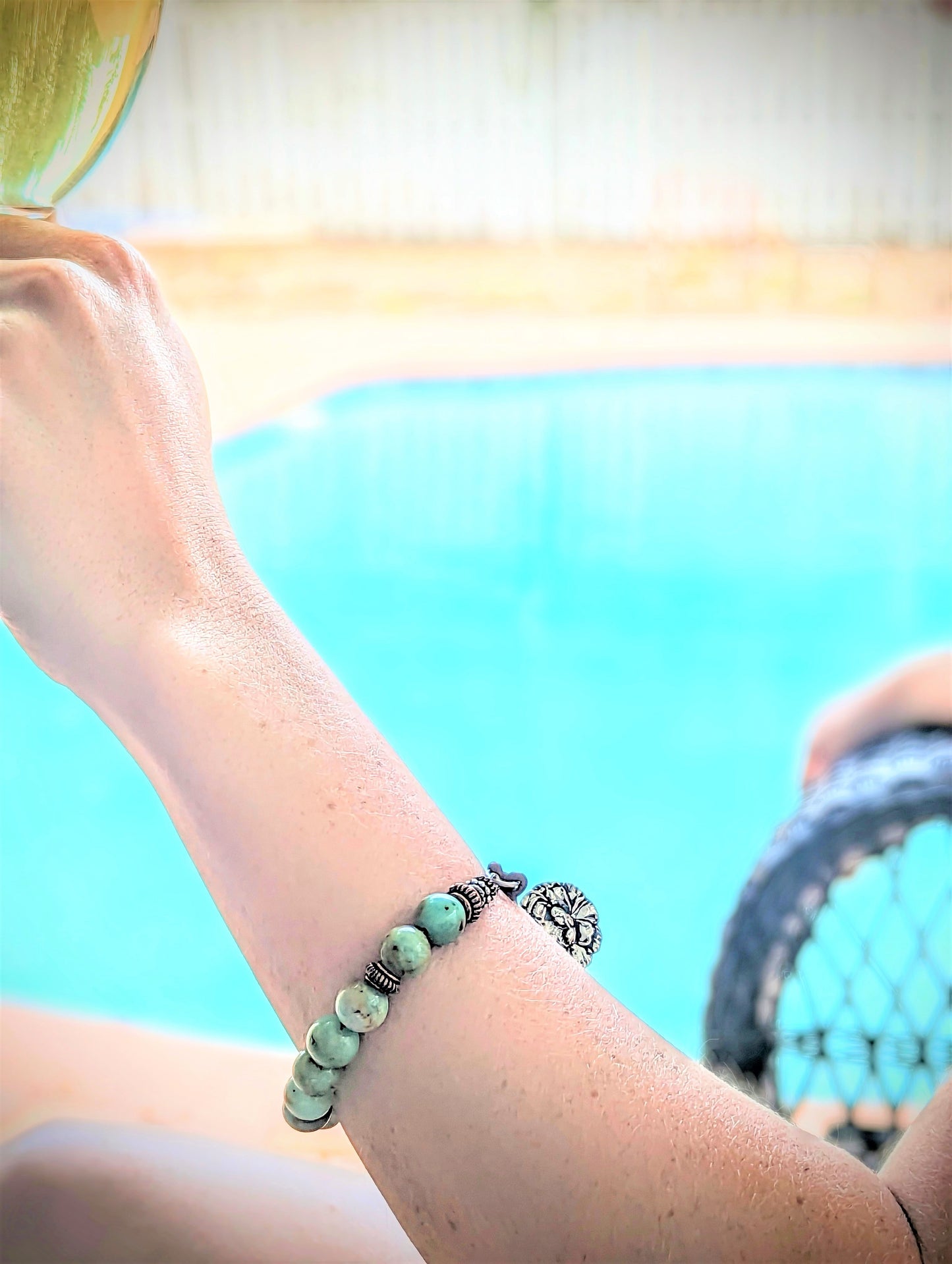 Green Peruvian Chrysoprase Bracelet with Silver Flower and Leather Closure, Boho Unisex Eco-Friendly Gemstone Bracelet