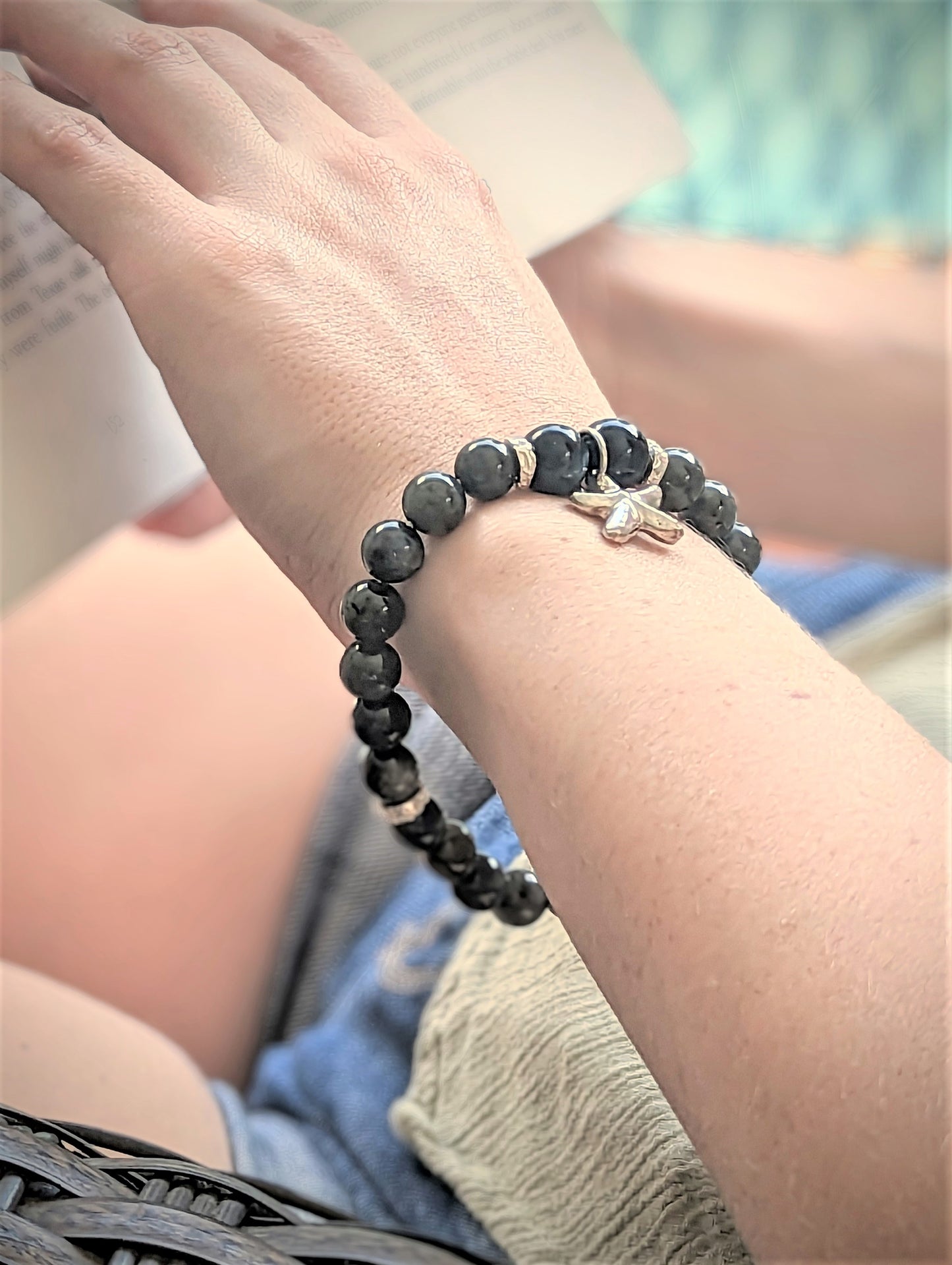 Beautiful Blue Labradorite and Blue Tigers Eye with Silver Starfish Bracelet, Eco-Friendly Bohemian Artisan Unisex Elastic Bracelet