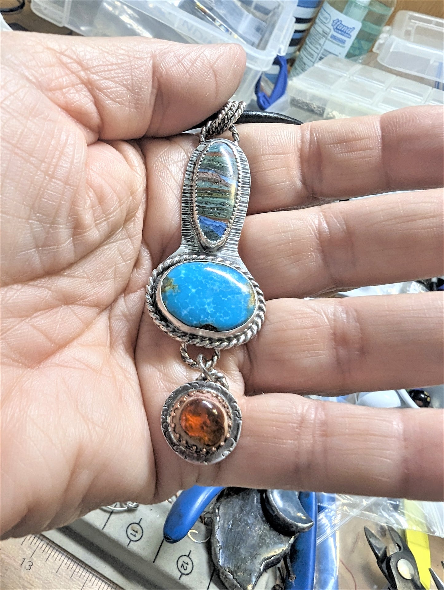 Striking Turquoise, Rainbow Calsilica and Mexican Fire Opal in Sterling Silver Pendant Necklace, Southwest Style Bohemian Artisan Gemstone Necklace