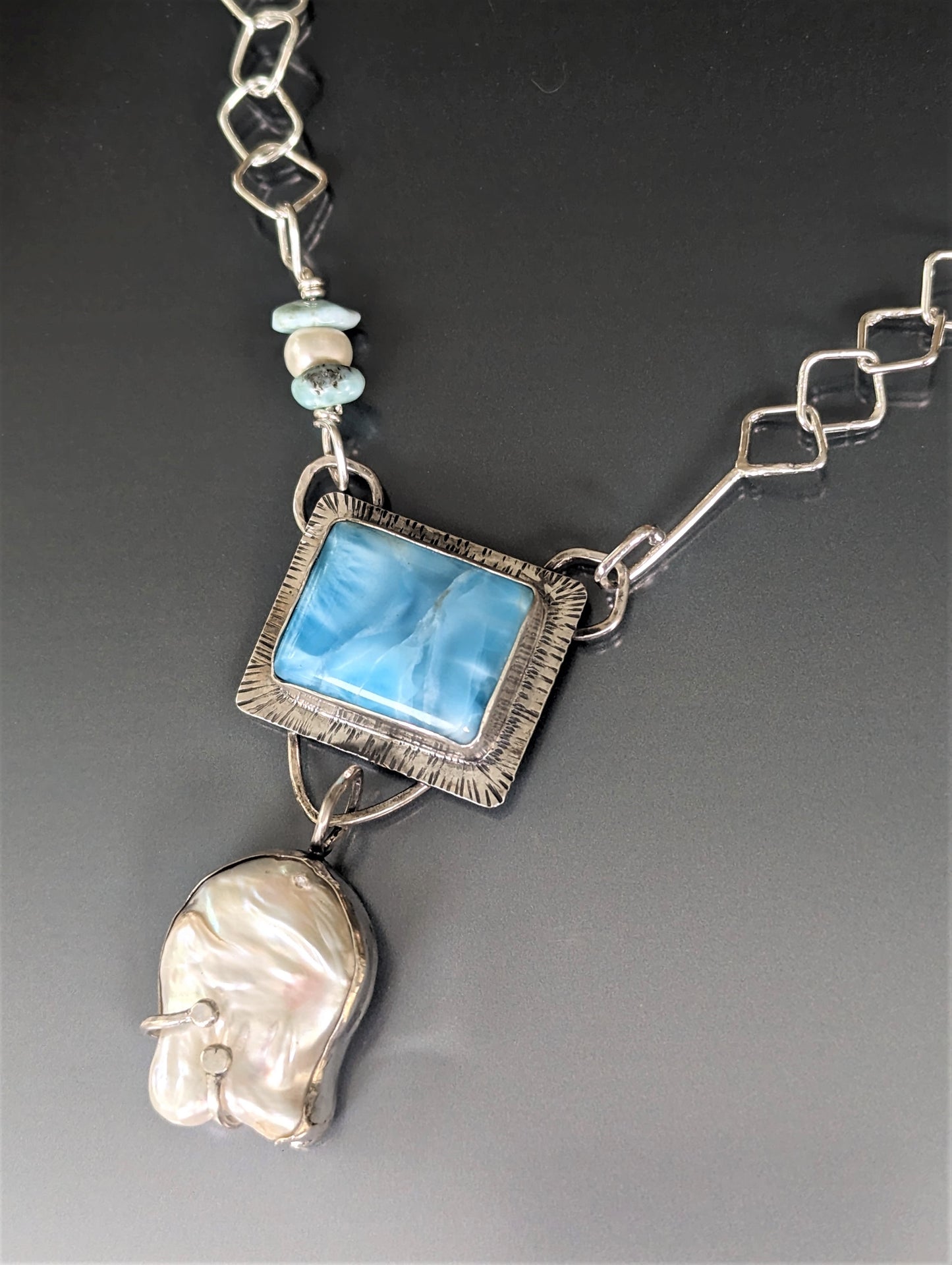 Artisan Bohemian Larimar and Giant Baroque Pearl Silver Pendant on Handmade Silver Chain