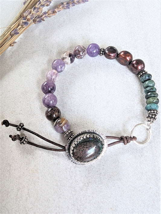 Raw Faceted Emerald, Amethyst Sage Agate and Chocolate Pearls Unisex Bracelet with Boulder Opal Button and Leather Clasp