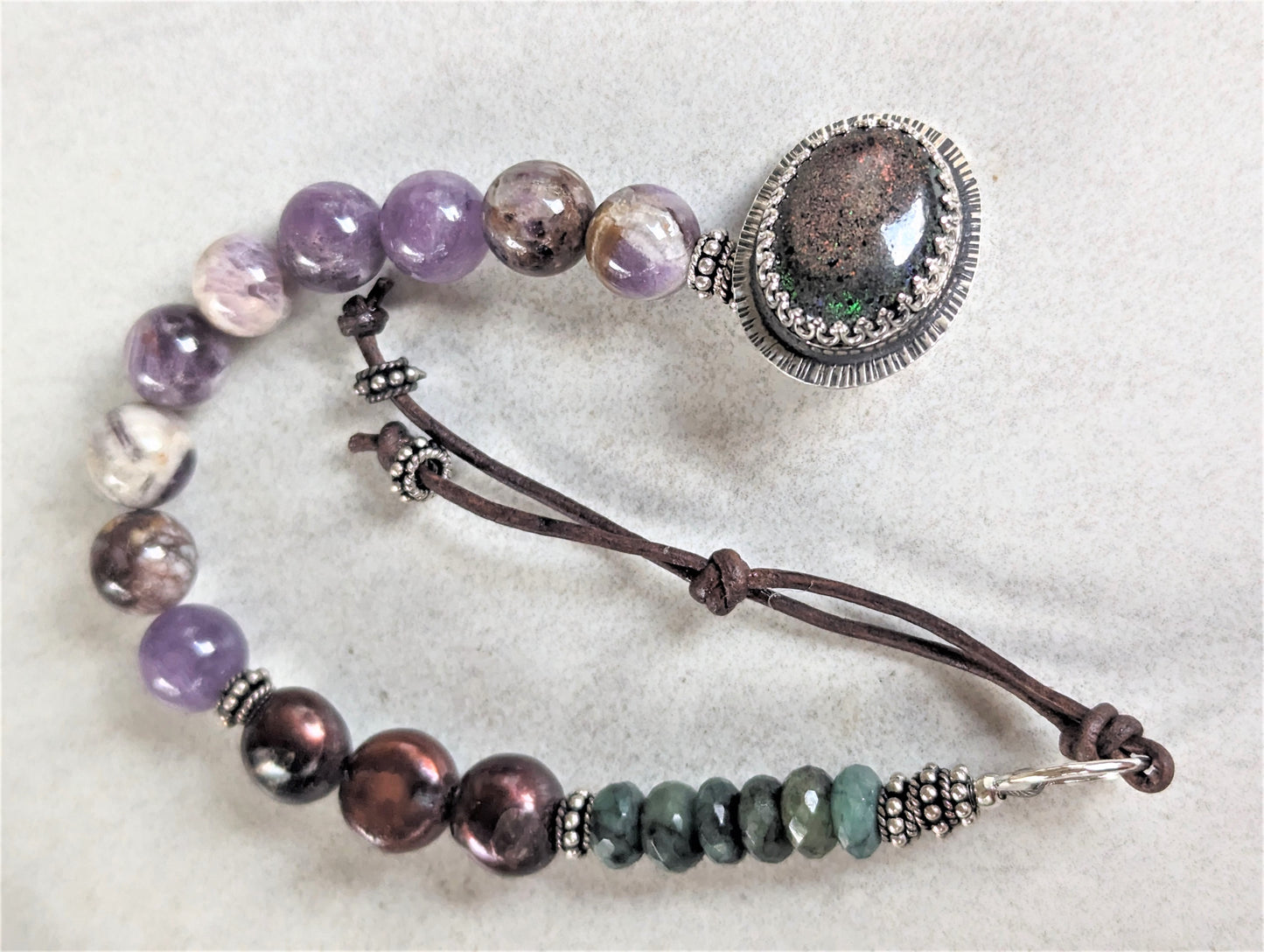 Raw Faceted Emerald, Amethyst Sage Agate and Chocolate Pearls Unisex Bracelet with Boulder Opal Button and Leather Clasp