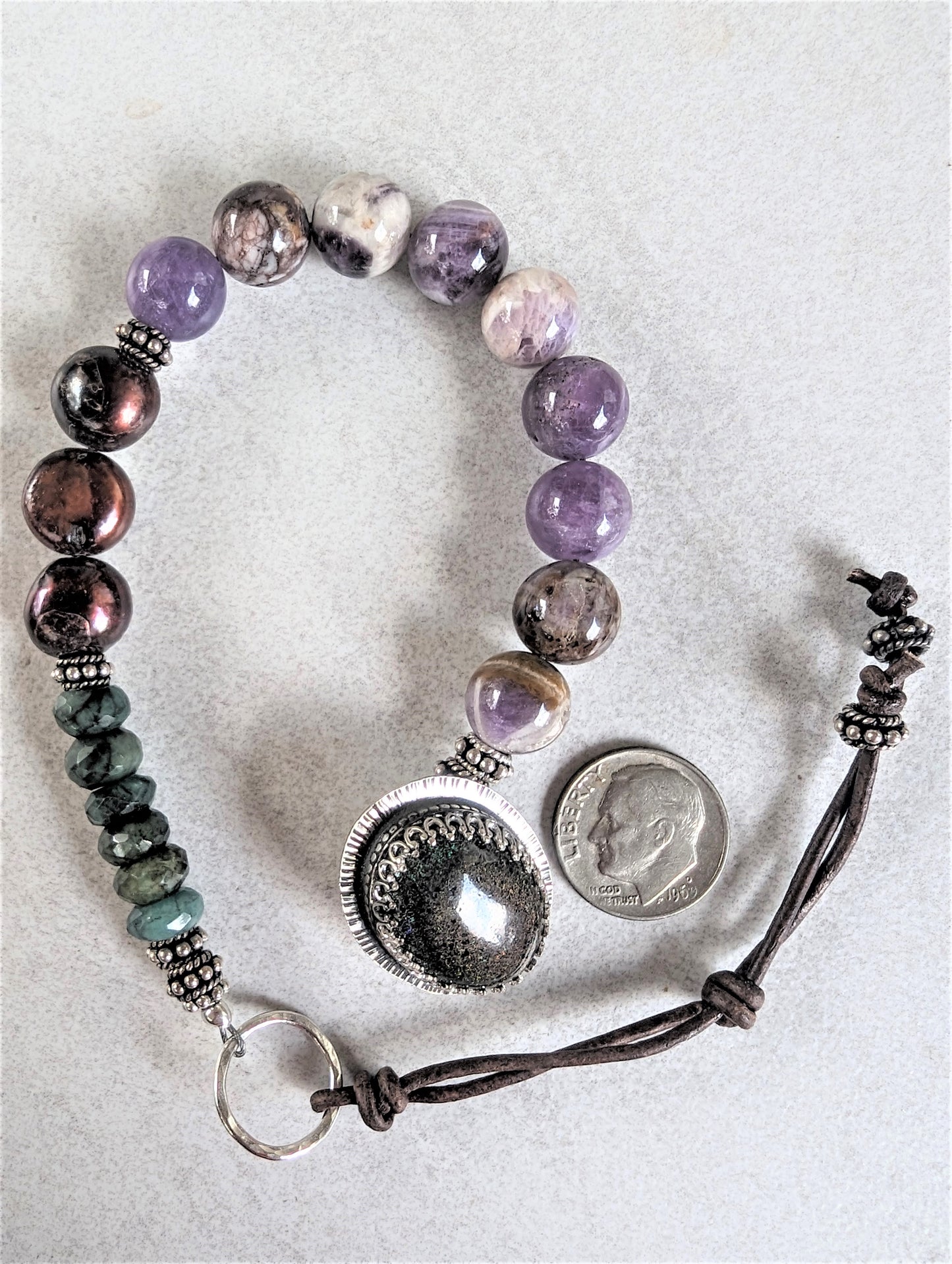 Raw Faceted Emerald, Amethyst Sage Agate and Chocolate Pearls Unisex Bracelet with Boulder Opal Button and Leather Clasp