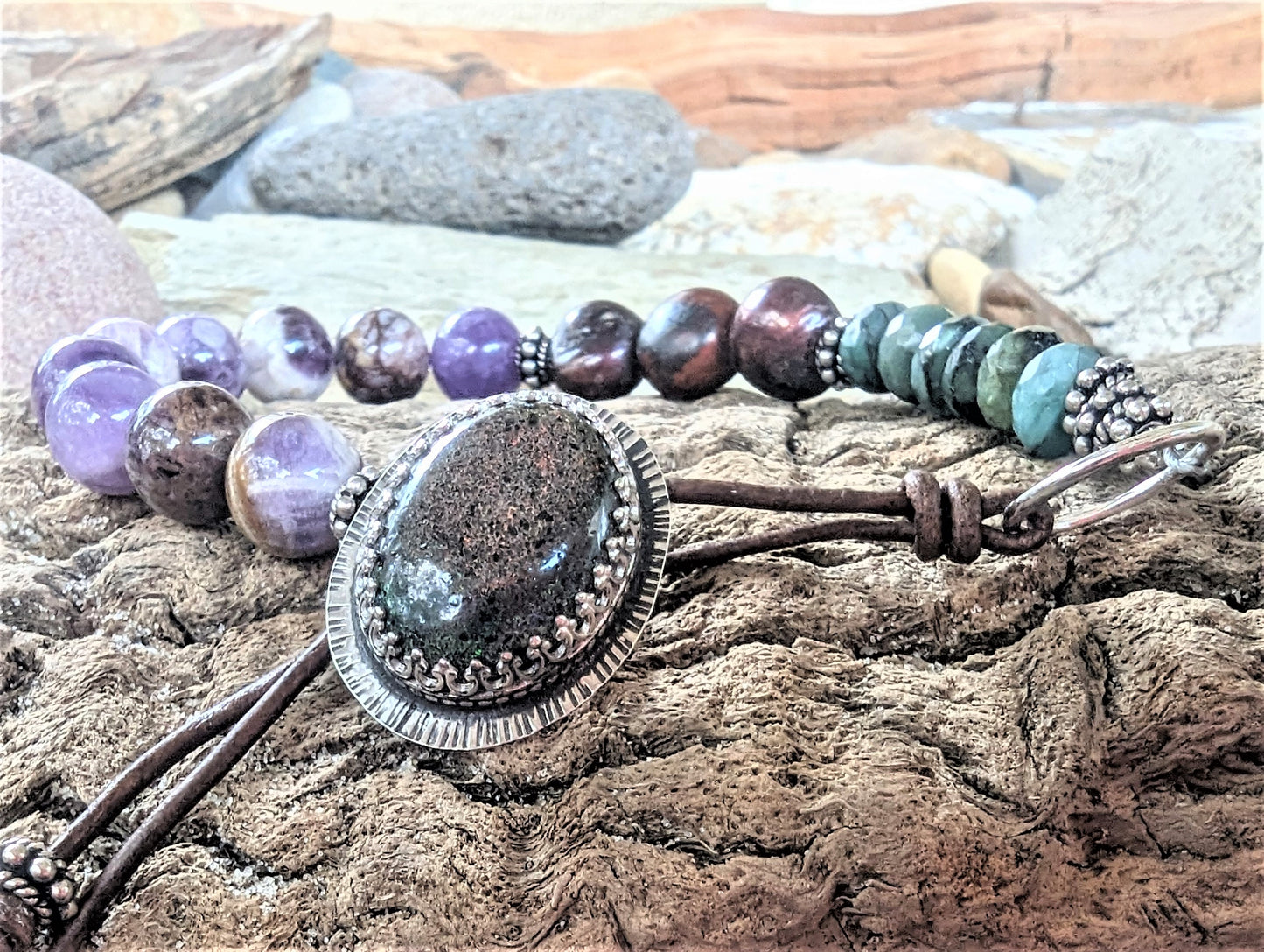 Raw Faceted Emerald, Amethyst Sage Agate and Chocolate Pearls Unisex Bracelet with Boulder Opal Button and Leather Clasp