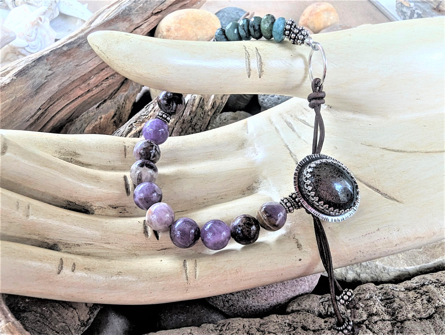 Raw Faceted Emerald, Amethyst Sage Agate and Chocolate Pearls Unisex Bracelet with Boulder Opal Button and Leather Clasp