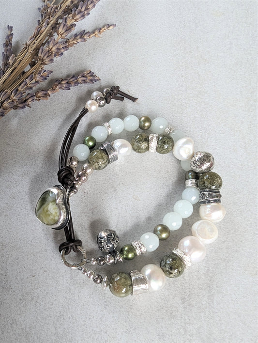 Scottish Marble Button Bracelet with Pearls, Green Garnet, New Jade and Handmade Silver Beads