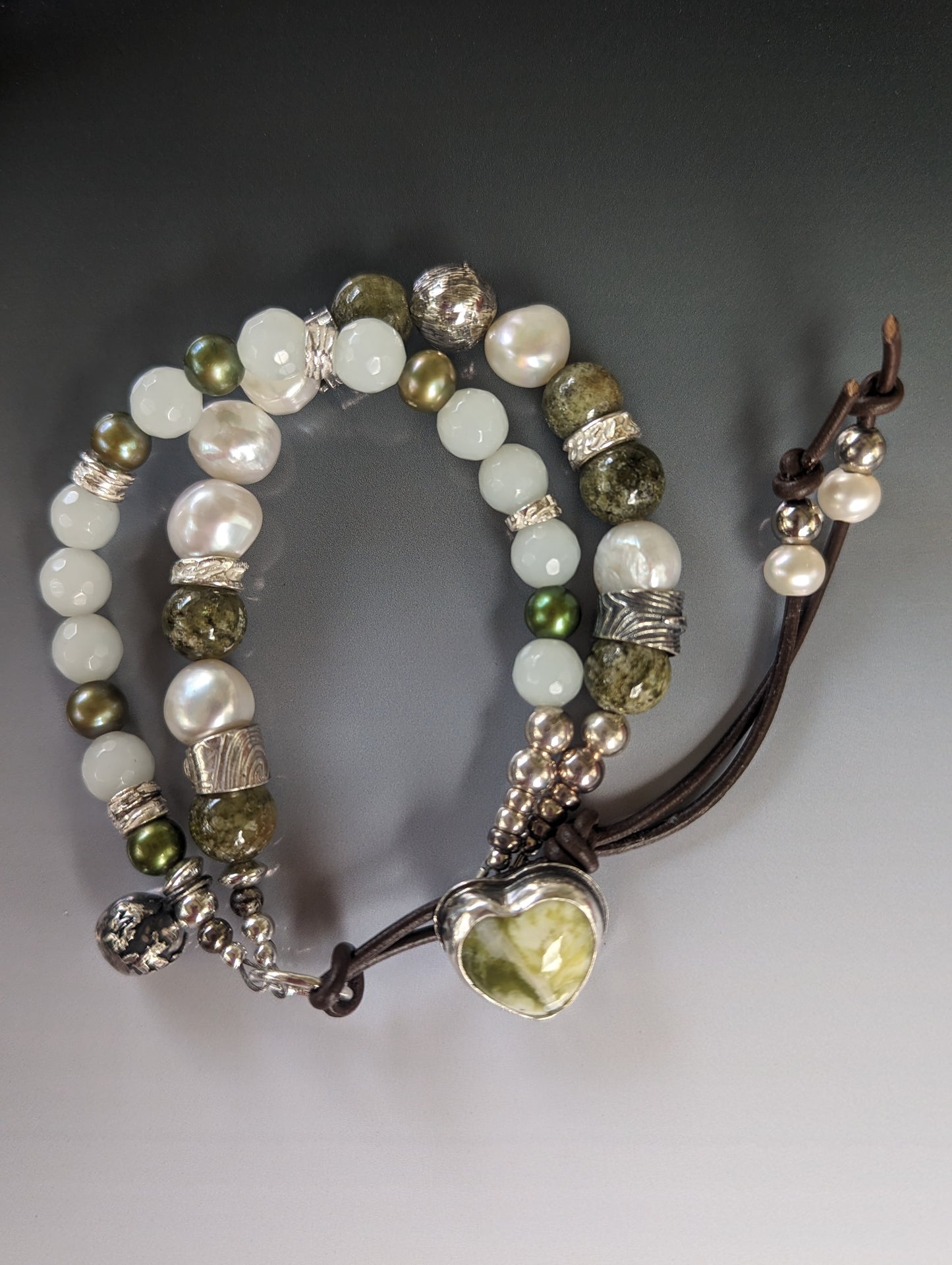 Scottish Marble Button Bracelet with Pearls, Green Garnet, New Jade and Handmade Silver Beads