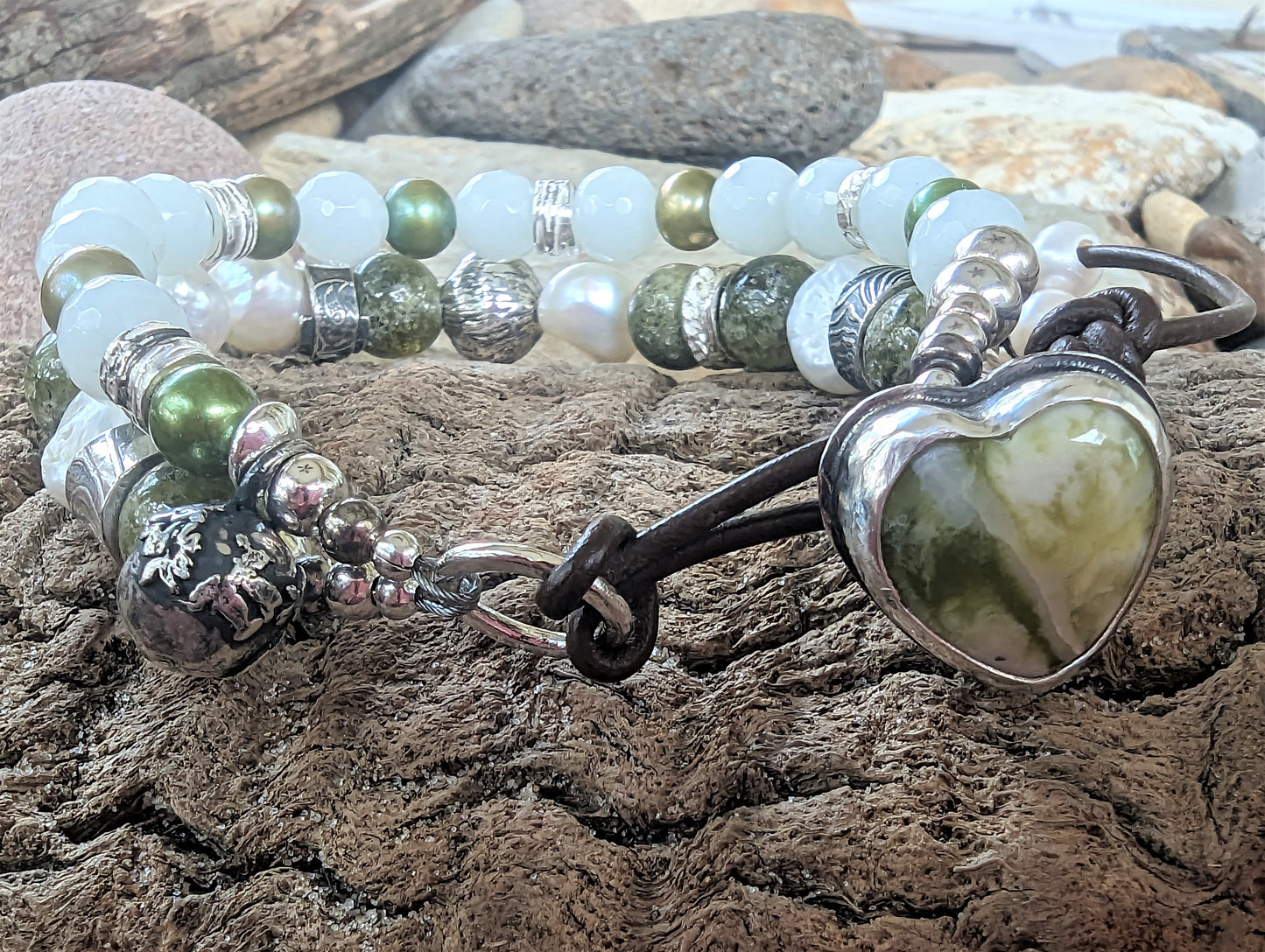 Scottish Marble Button Bracelet with Pearls, Green Garnet, New Jade and Handmade Silver Beads