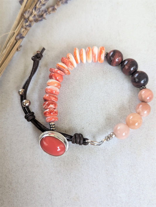 Coral, Spiny Oyster, Red Tigers Eye, Peach Moonstone, Silver and Leather Bracelet, Trendy Boho Unisex Beaded Bracelet