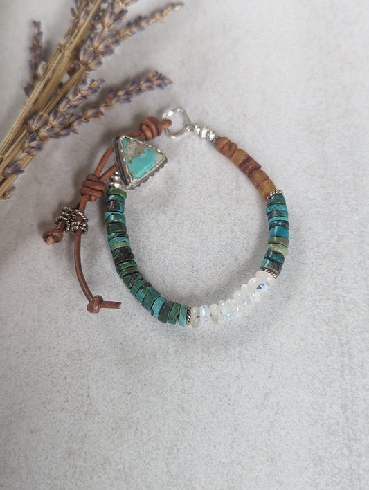 Turquoise, Moonstone and Balkan Amber Bracelet, Turquoise Button Leather Closure, Unisex