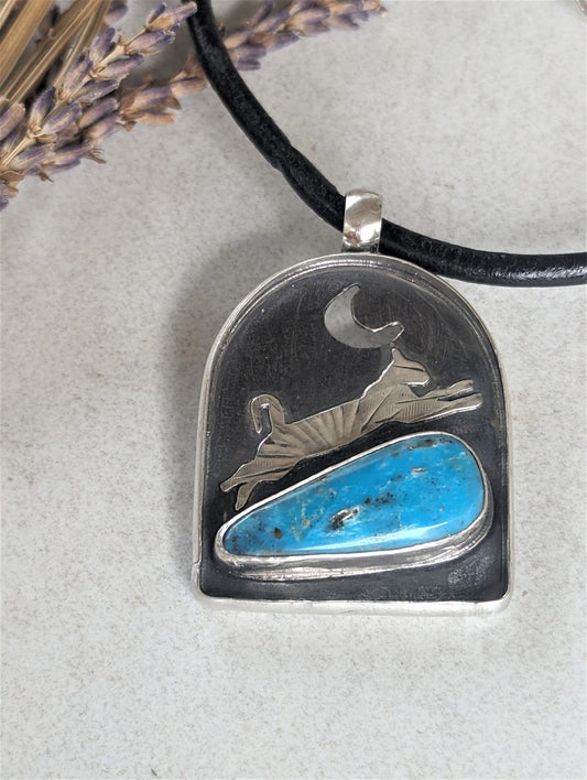 Leaping Cat Turquoise and Silver Pendant, Artisan Southwest Style Bohemian Pendant