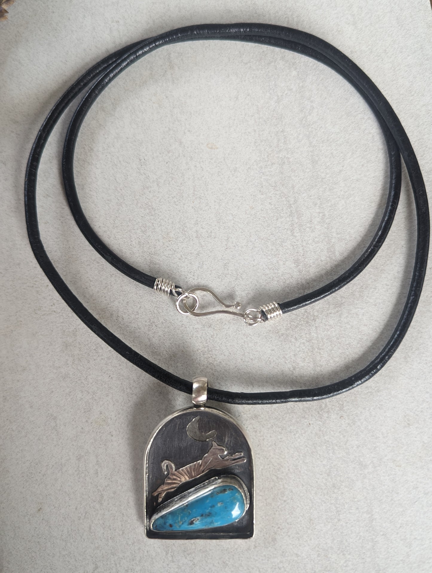 Leaping Cat Turquoise and Silver Pendant, Artisan Southwest Style Bohemian Pendant