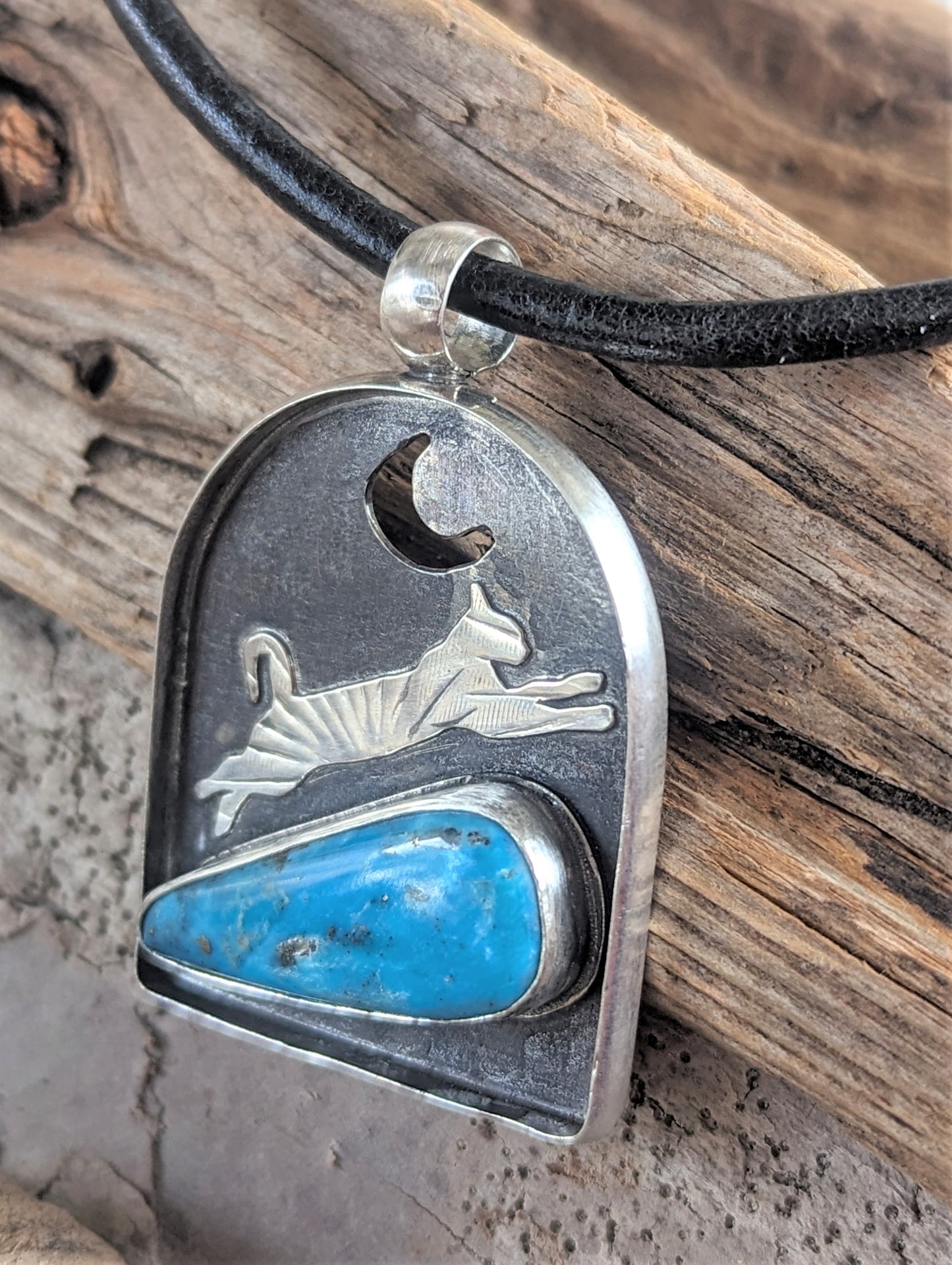 Leaping Cat Turquoise and Silver Pendant, Artisan Southwest Style Bohemian Pendant