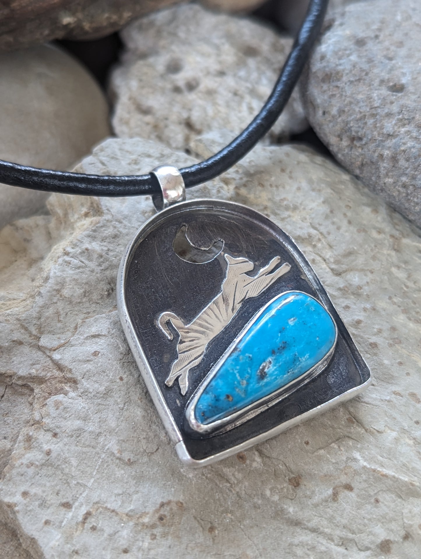 Leaping Cat Turquoise and Silver Pendant, Artisan Southwest Style Bohemian Pendant