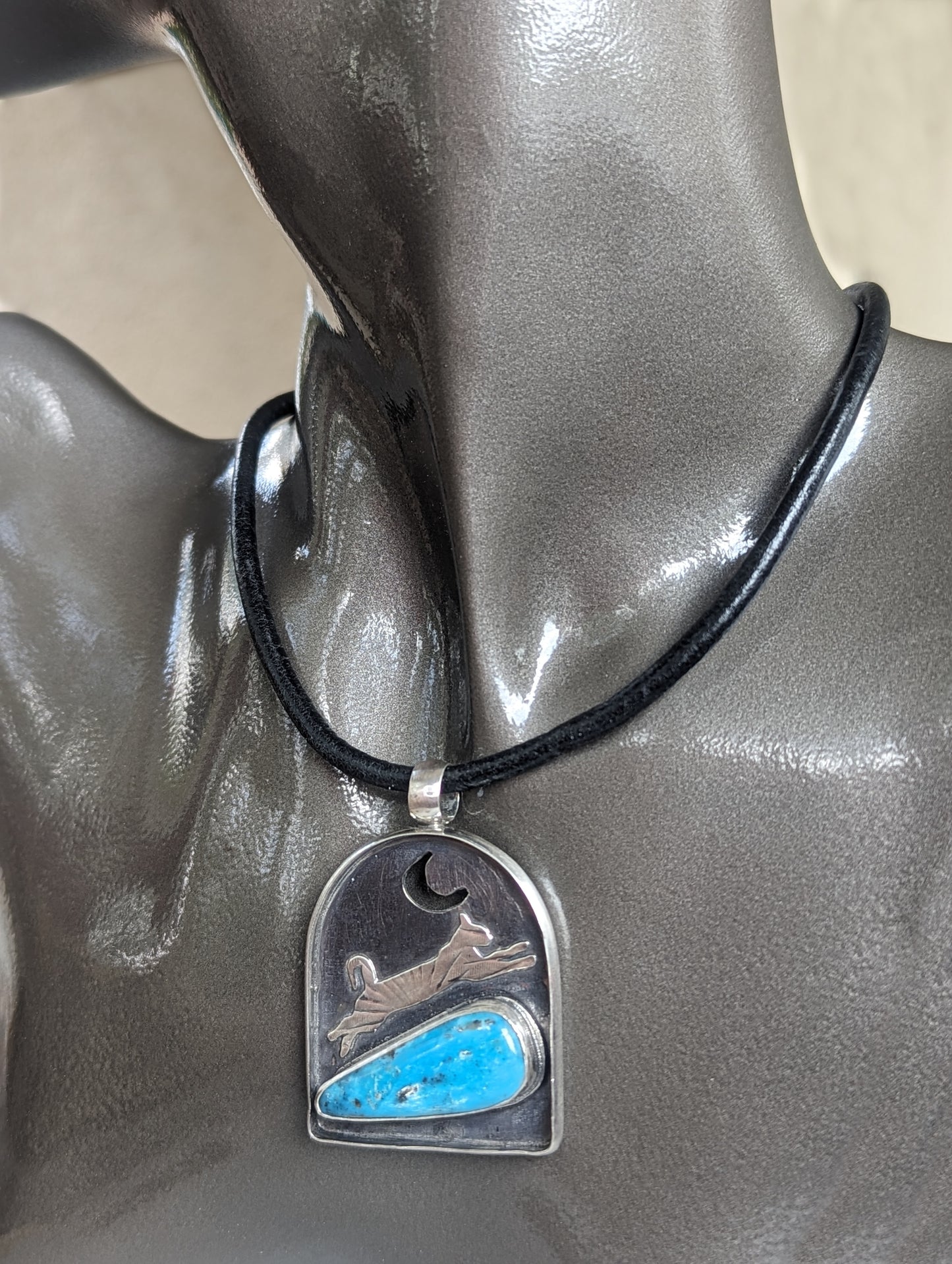 Leaping Cat Turquoise and Silver Pendant, Artisan Southwest Style Bohemian Pendant