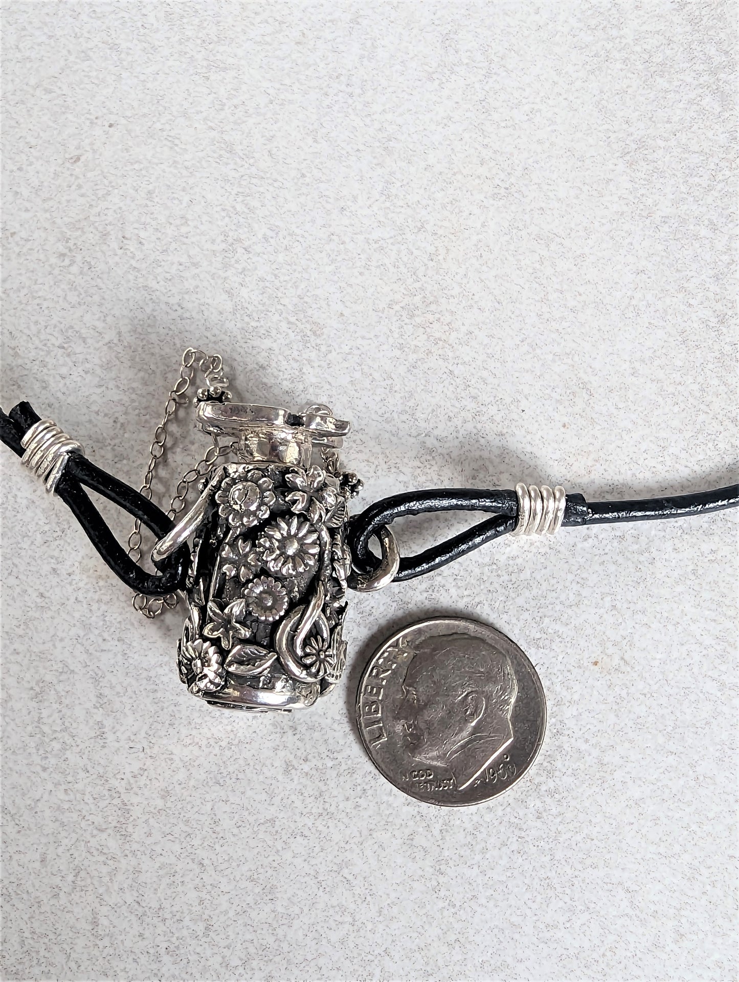 Tiny Silver Floral Screw Top Vessel Pendant, Butterfly Silver Poison Vial Pendant, Eco-Friendly Recycled Metal Artisan Bohemian Necklace