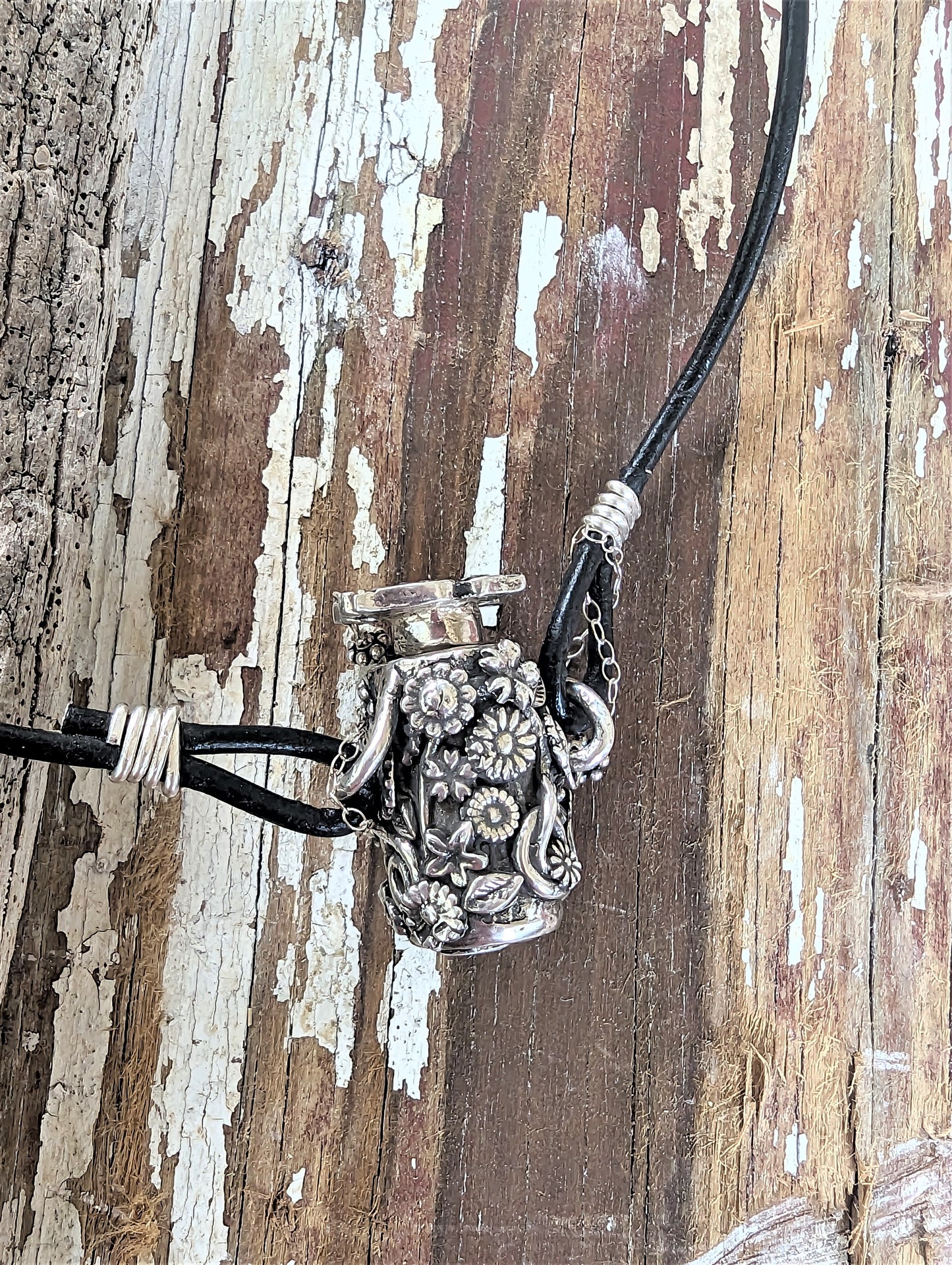 Tiny Silver Floral Screw Top Vessel Pendant, Butterfly Silver Poison Vial Pendant, Eco-Friendly Recycled Metal Artisan Bohemian Necklace