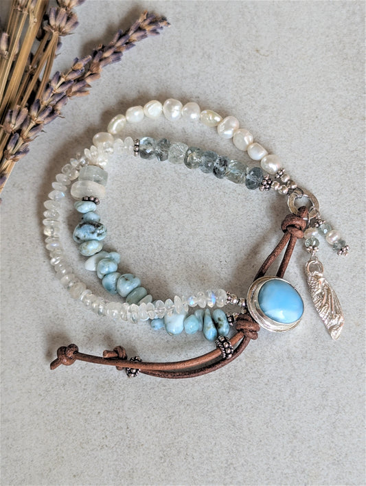 Lovely Larimar, Moonstone, Aquamarine, Pearl, and Silver Dragonfly Wing Bracelet
