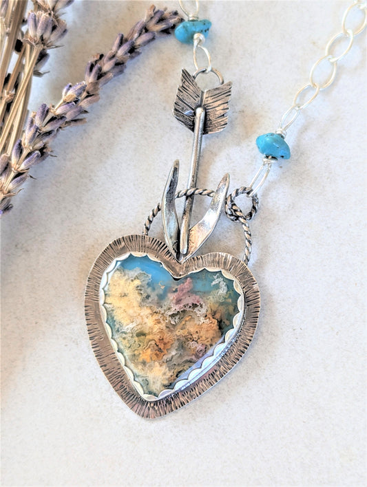 Regency Plume Agate Heart Pendant with Silver Arrow Clasp, Unique Artisan Boho Heart Necklace