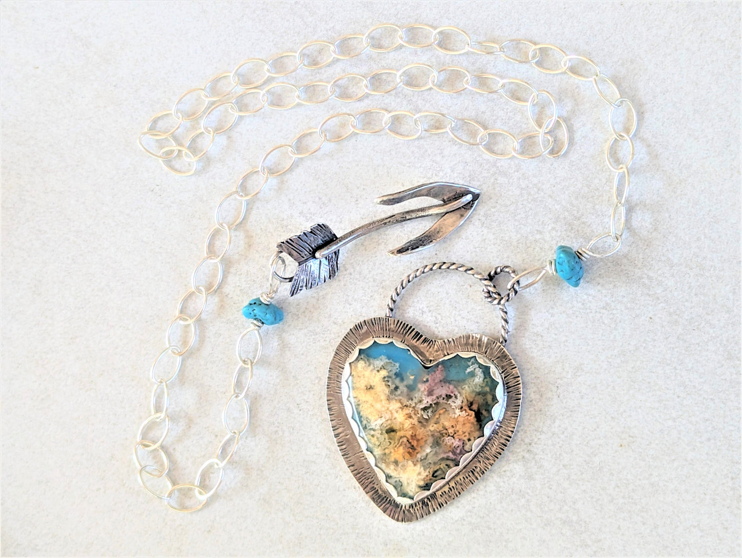 Regency Plume Agate Heart Pendant with Silver Arrow Clasp, Unique Artisan Boho Heart Necklace