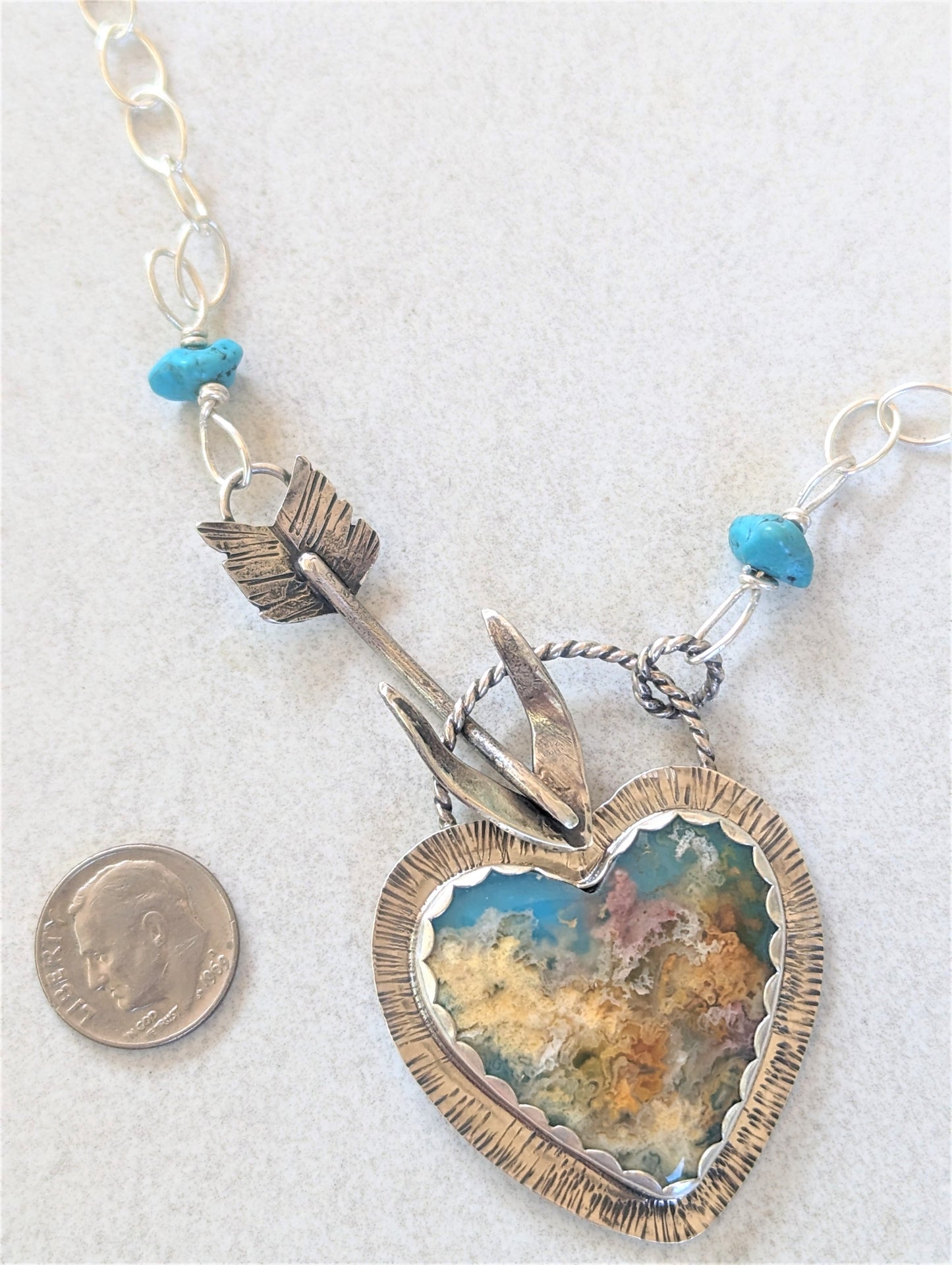 Regency Plume Agate Heart Pendant with Silver Arrow Clasp, Unique Artisan Boho Heart Necklace