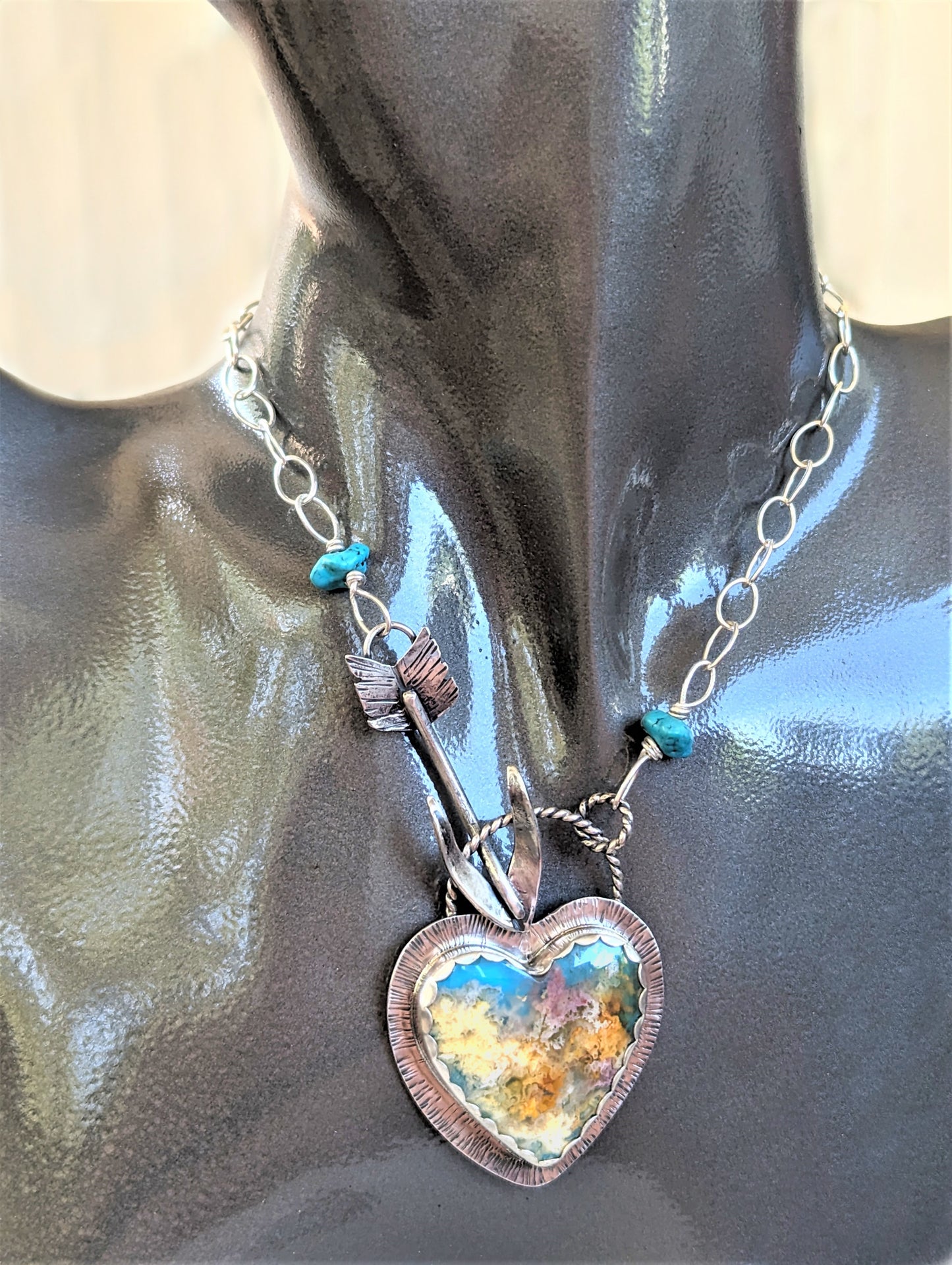 Regency Plume Agate Heart Pendant with Silver Arrow Clasp, Unique Artisan Boho Heart Necklace