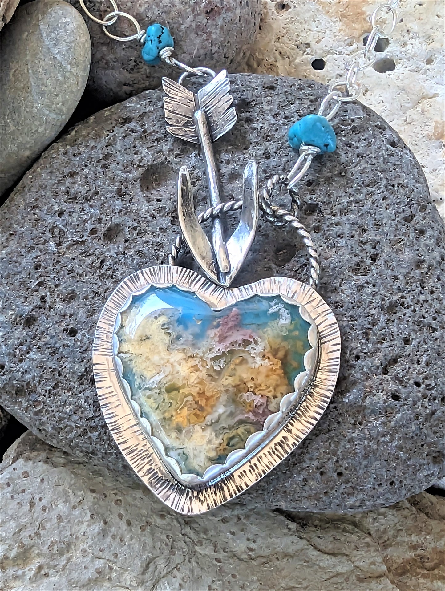 Regency Plume Agate Heart Pendant with Silver Arrow Clasp, Unique Artisan Boho Heart Necklace