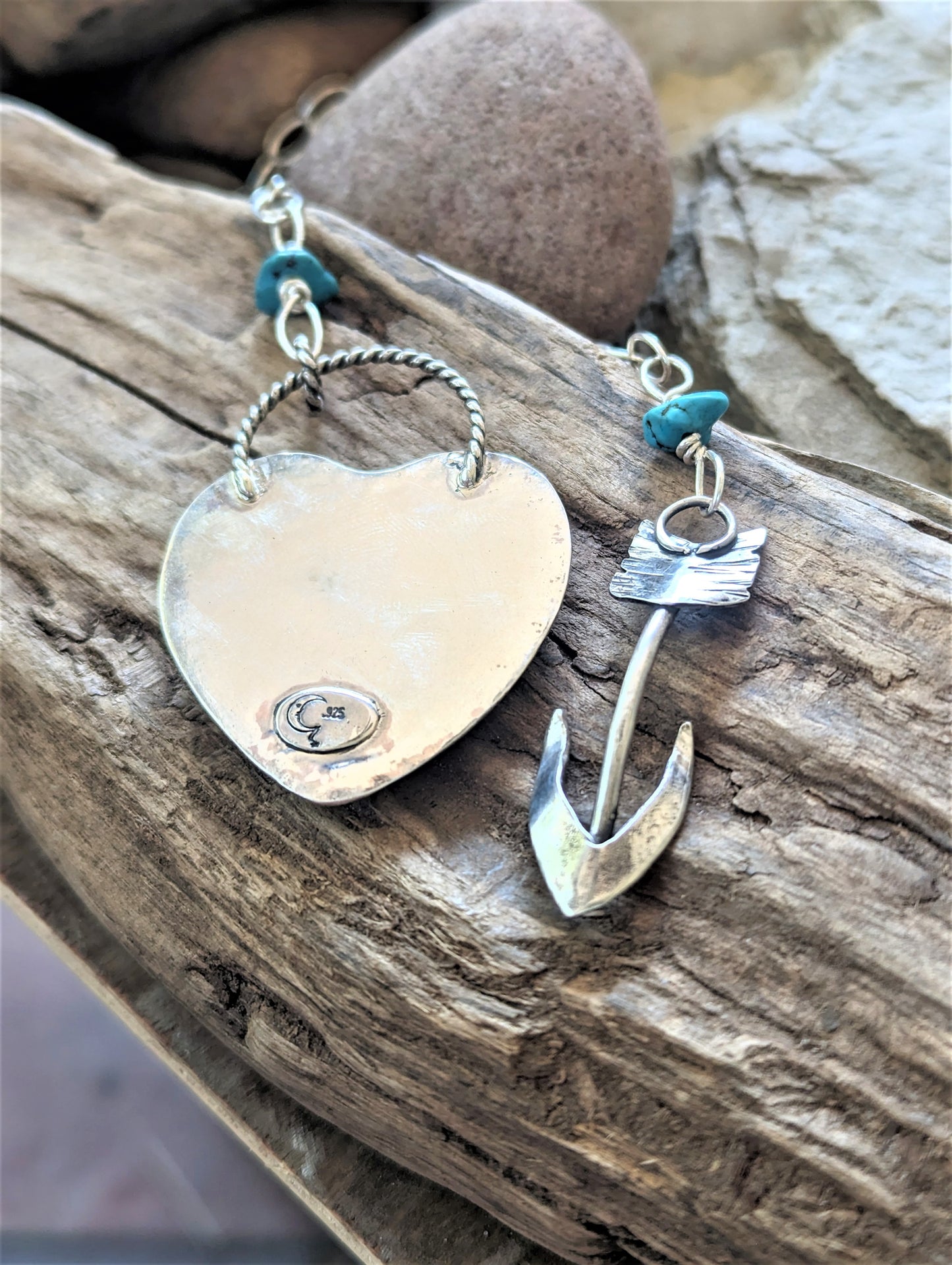 Regency Plume Agate Heart Pendant with Silver Arrow Clasp, Unique Artisan Boho Heart Necklace