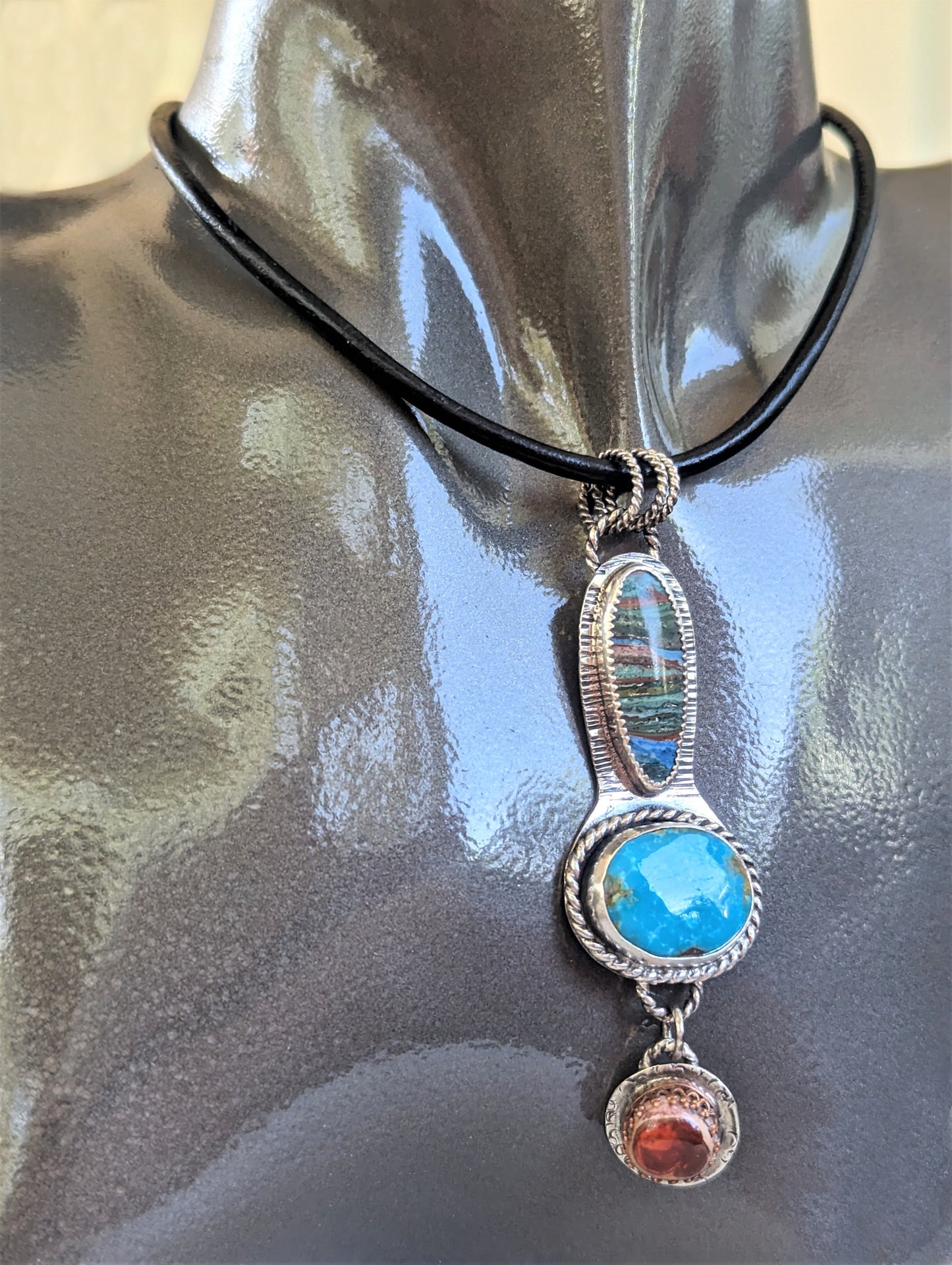 Striking Turquoise, Rainbow Calsilica and Mexican Fire Opal in Sterling Silver Pendant Necklace, Southwest Style Bohemian Artisan Gemstone Necklace