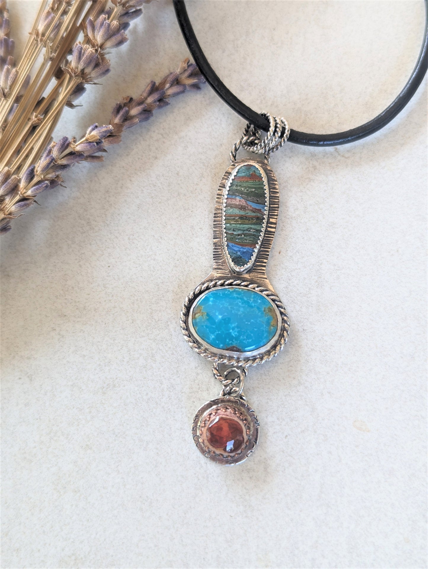 Striking Turquoise, Rainbow Calsilica and Mexican Fire Opal in Sterling Silver Pendant Necklace, Southwest Style Bohemian Artisan Gemstone Necklace