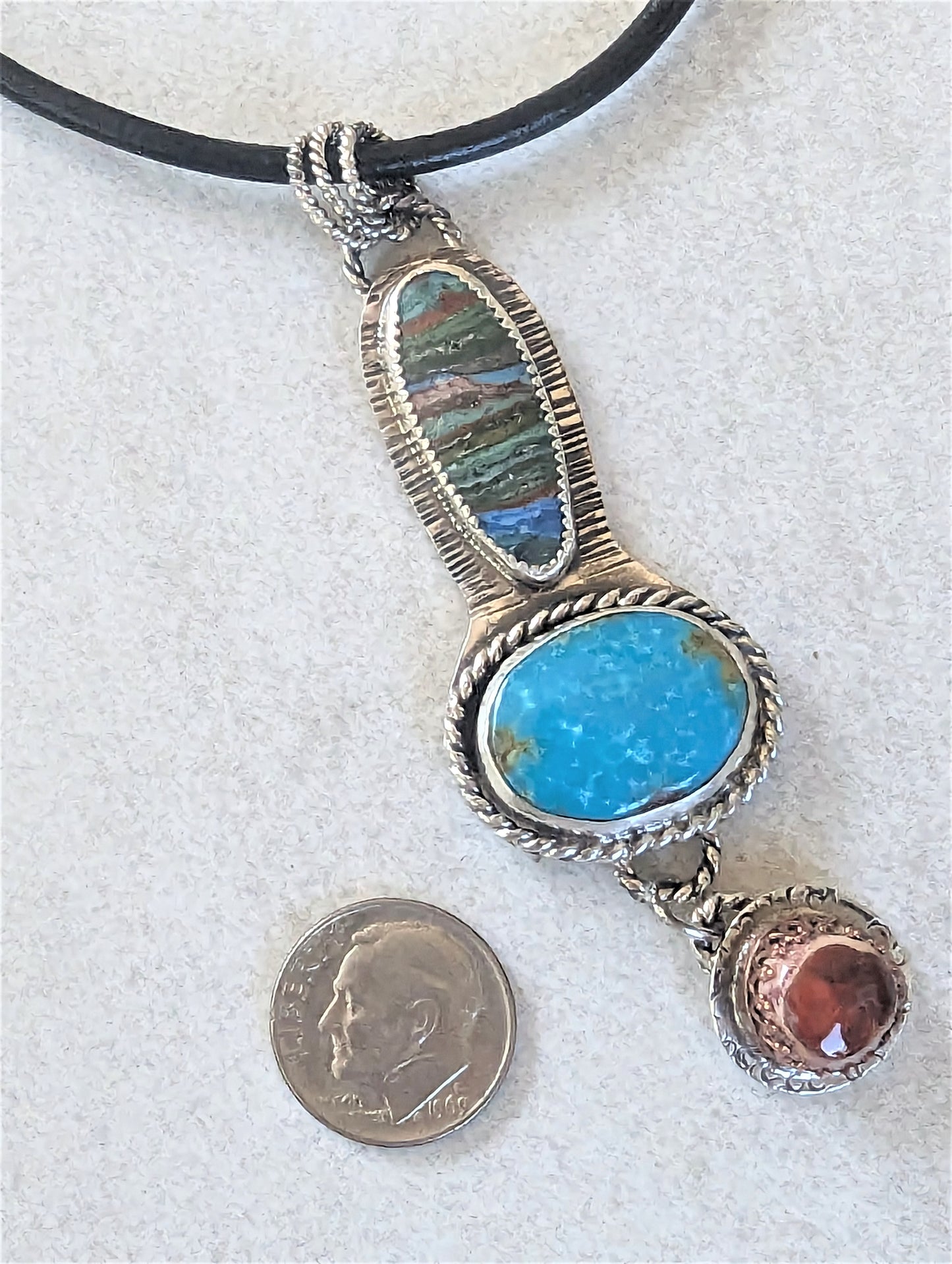 Striking Turquoise, Rainbow Calsilica and Mexican Fire Opal in Sterling Silver Pendant Necklace, Southwest Style Bohemian Artisan Gemstone Necklace