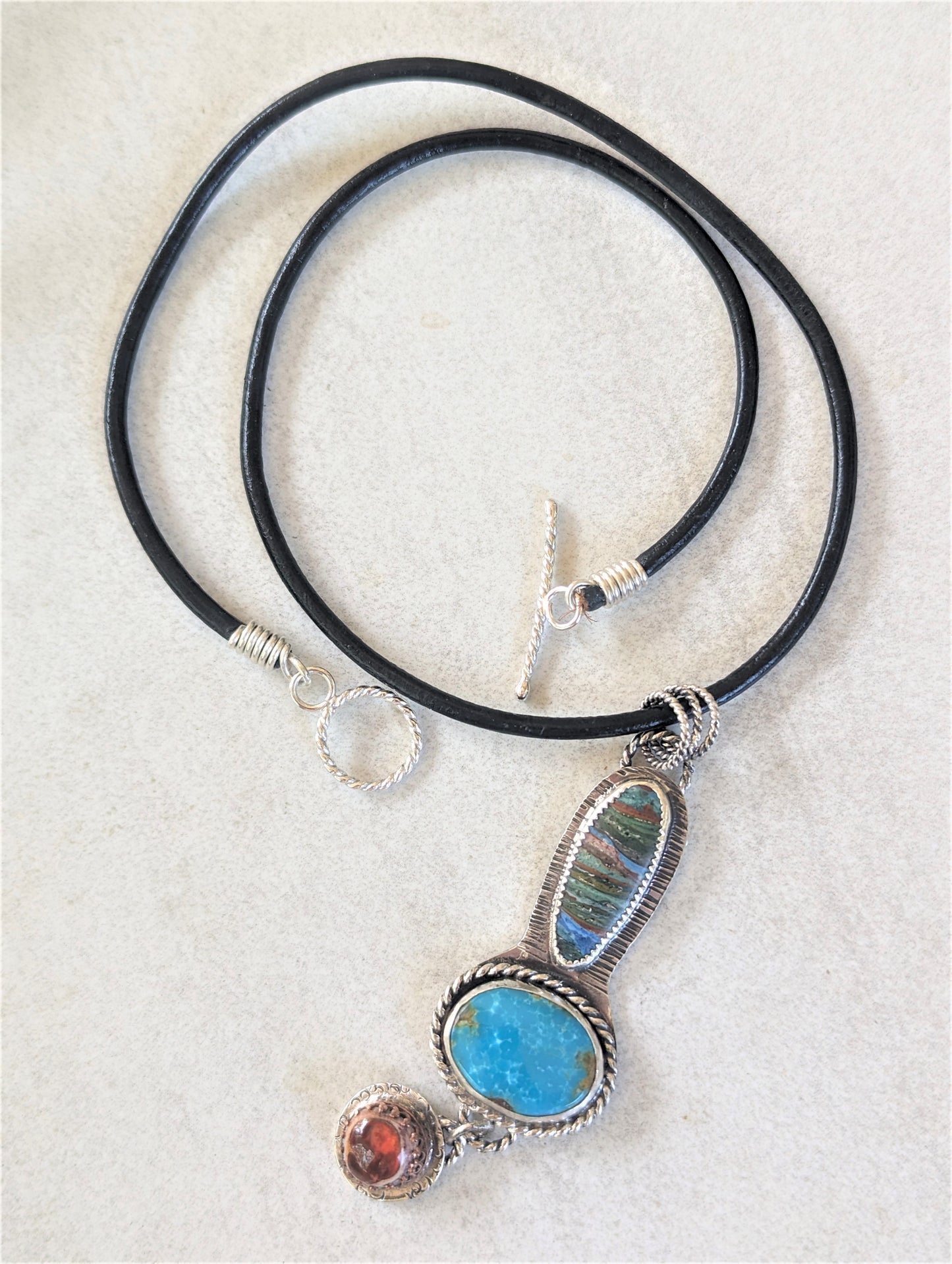 Striking Turquoise, Rainbow Calsilica and Mexican Fire Opal in Sterling Silver Pendant Necklace, Southwest Style Bohemian Artisan Gemstone Necklace