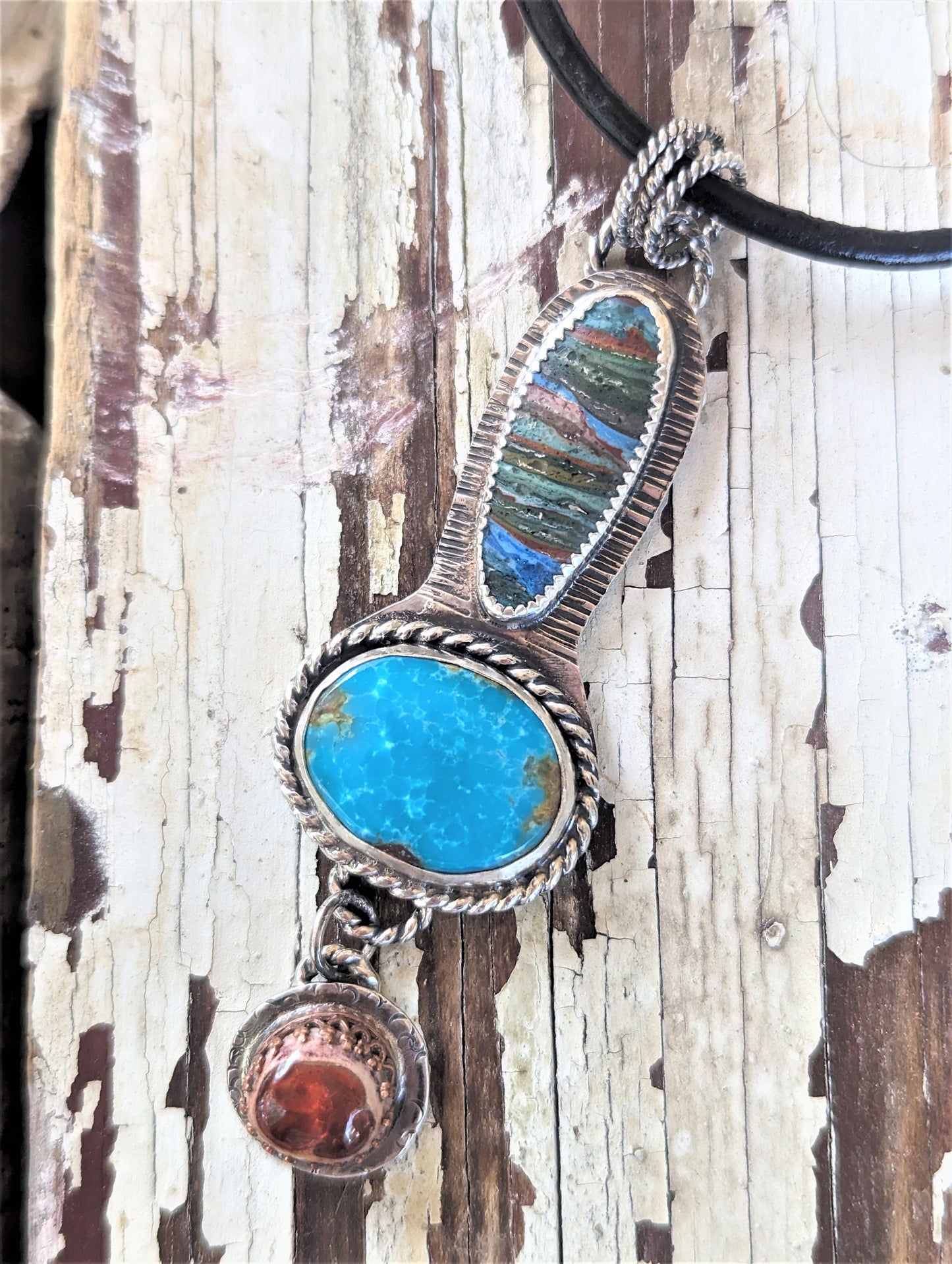 Striking Turquoise, Rainbow Calsilica and Mexican Fire Opal in Sterling Silver Pendant Necklace, Southwest Style Bohemian Artisan Gemstone Necklace