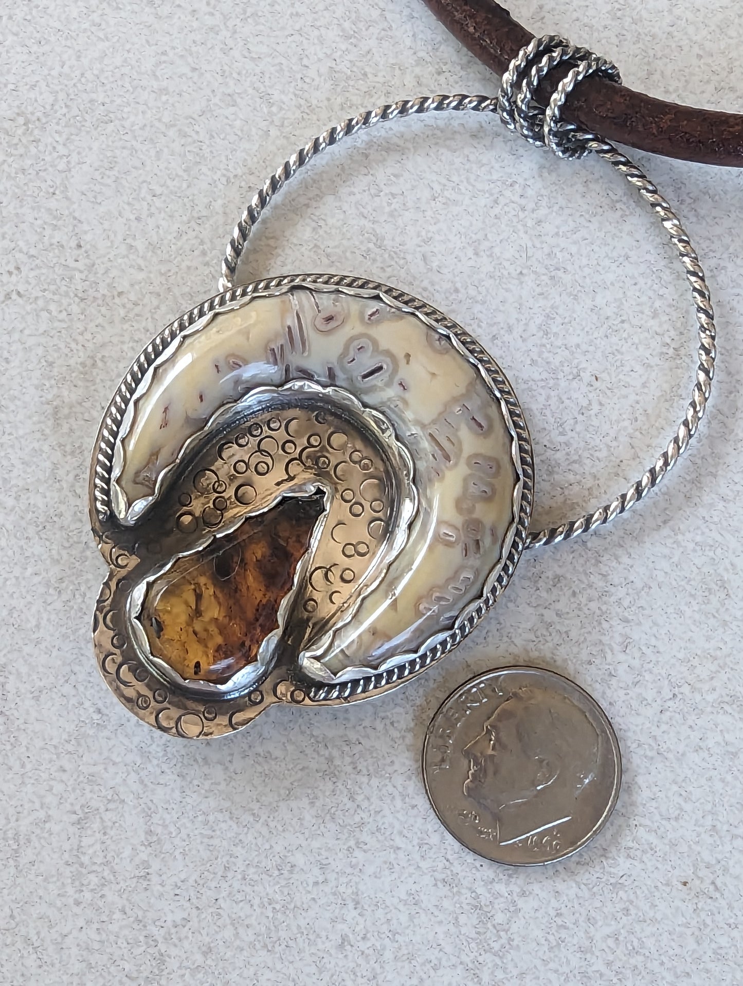 Stunning Round Coral and Amber in Textured Silver Pendant, Artisan Bohemian Gemstone Statement Necklace