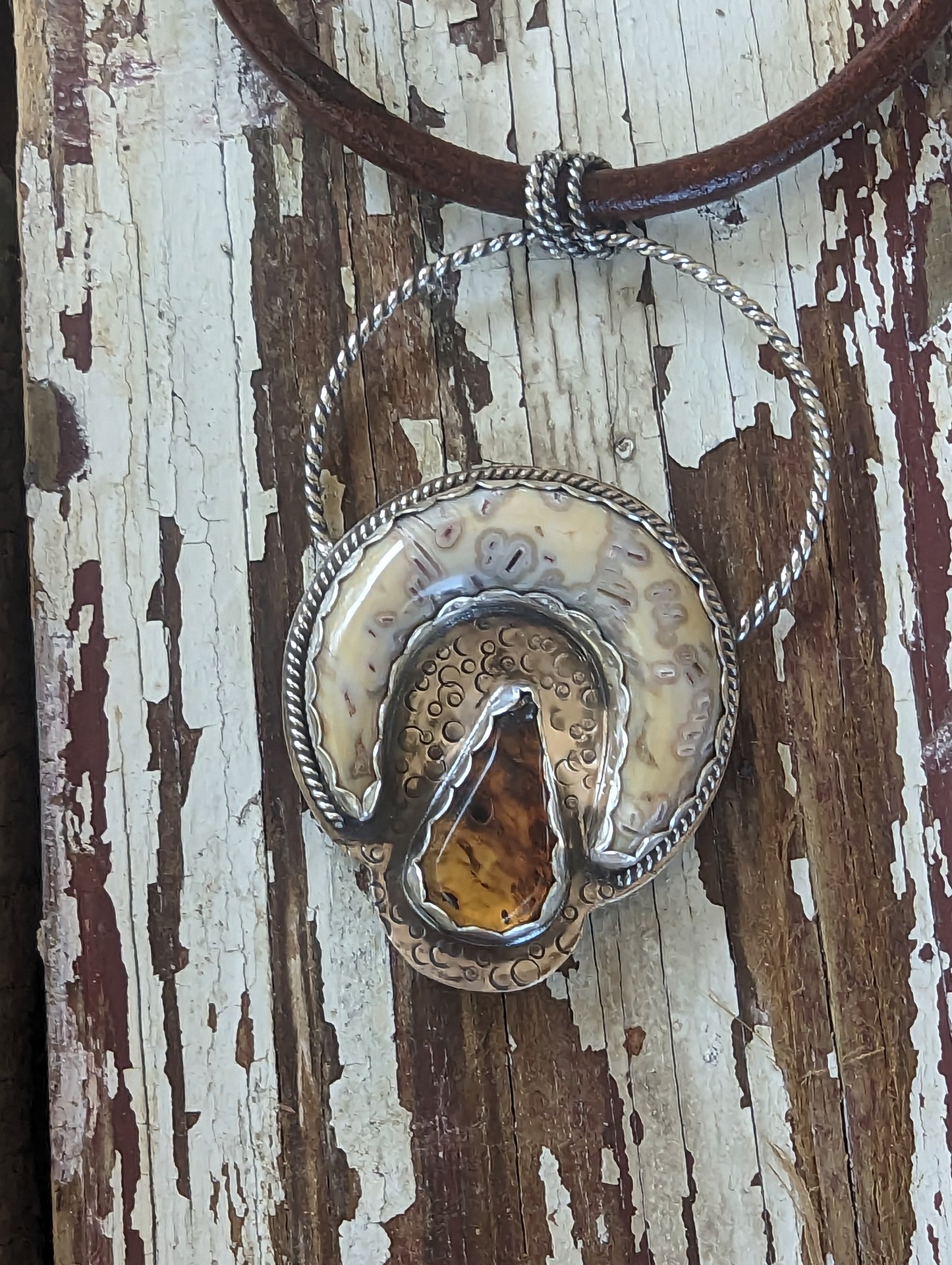 Stunning Round Coral and Amber in Textured Silver Pendant, Artisan Bohemian Gemstone Statement Necklace