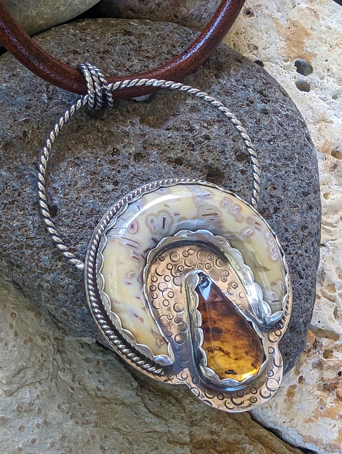 Stunning Round Coral and Amber in Textured Silver Pendant, Artisan Bohemian Gemstone Statement Necklace