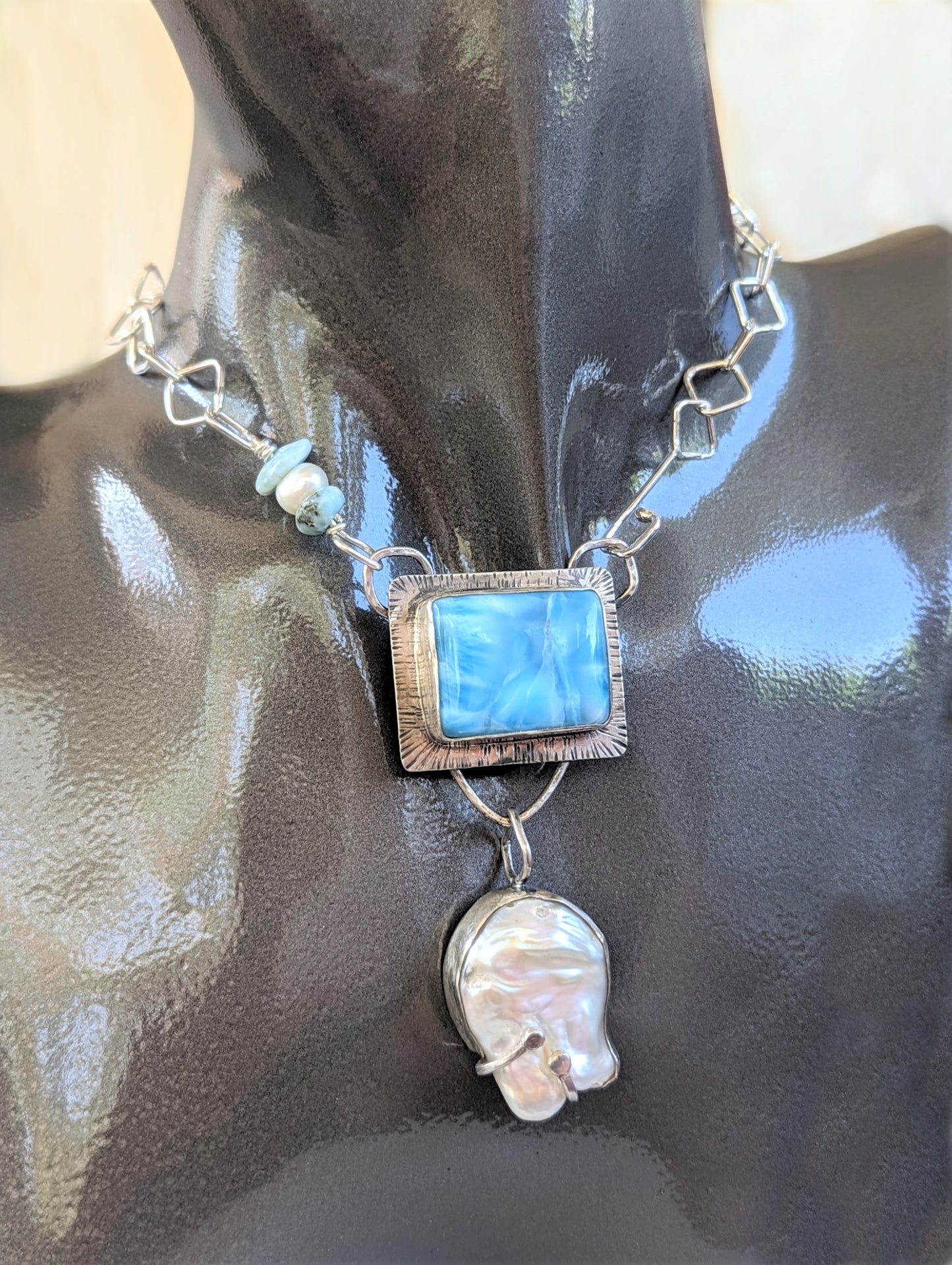 Artisan Bohemian Larimar and Giant Baroque Pearl Silver Pendant on Handmade Silver Chain