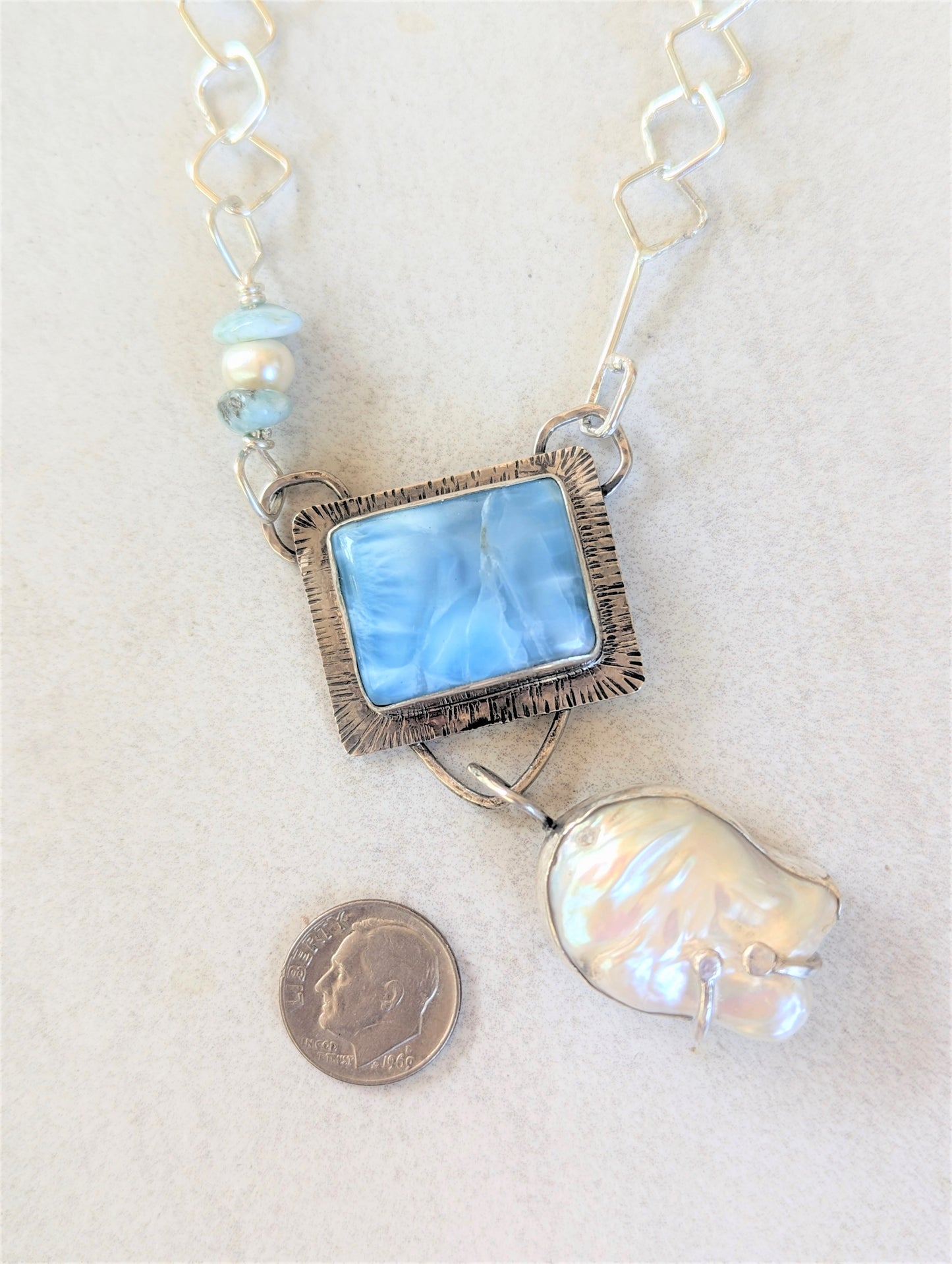 Artisan Bohemian Larimar and Giant Baroque Pearl Silver Pendant on Handmade Silver Chain