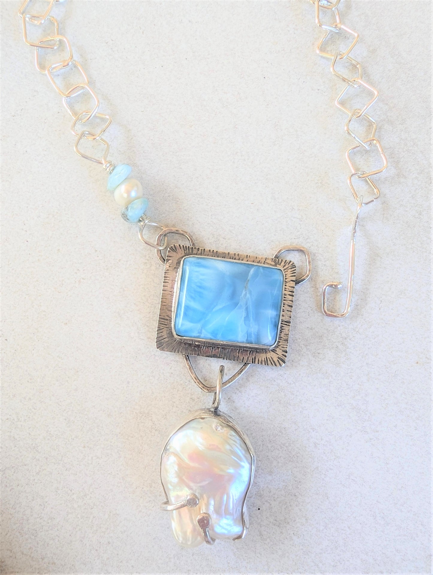 Artisan Bohemian Larimar and Giant Baroque Pearl Silver Pendant on Handmade Silver Chain