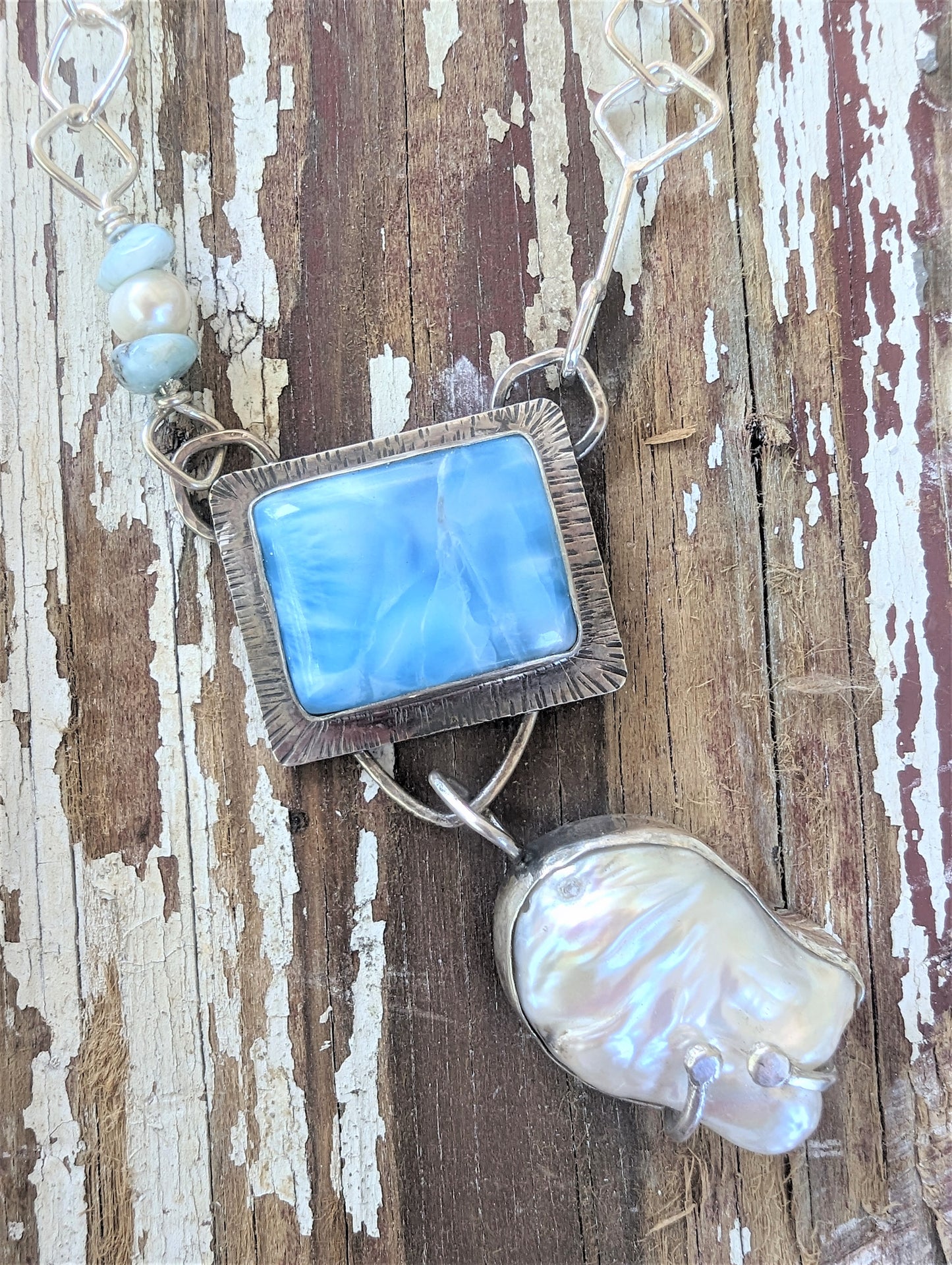 Artisan Bohemian Larimar and Giant Baroque Pearl Silver Pendant on Handmade Silver Chain