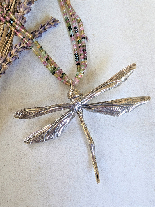 Statement Real Silver Dragonfly Pendant on Triple Strand Rainbow Tourmaline Necklace, Eco-Friendly Boho Nature Jewelry