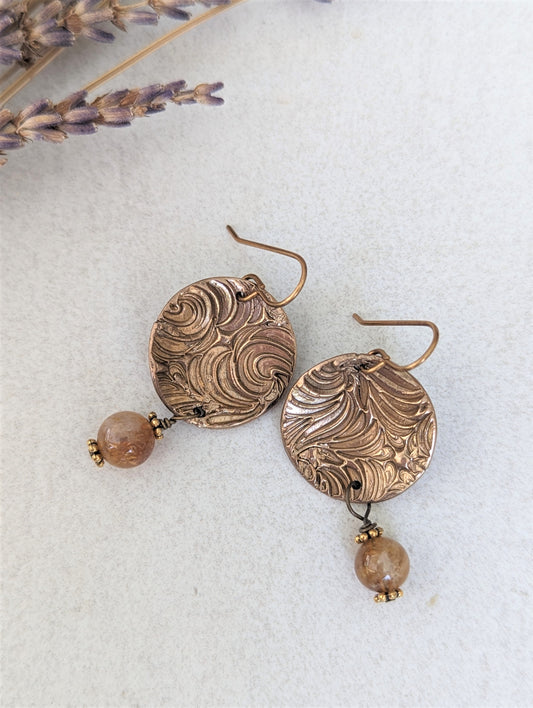 Golden Bronze Round Dangle Earrings, Artisan Bohemian Trendy Eco-Friendly Pierced Gemstone Earrings
