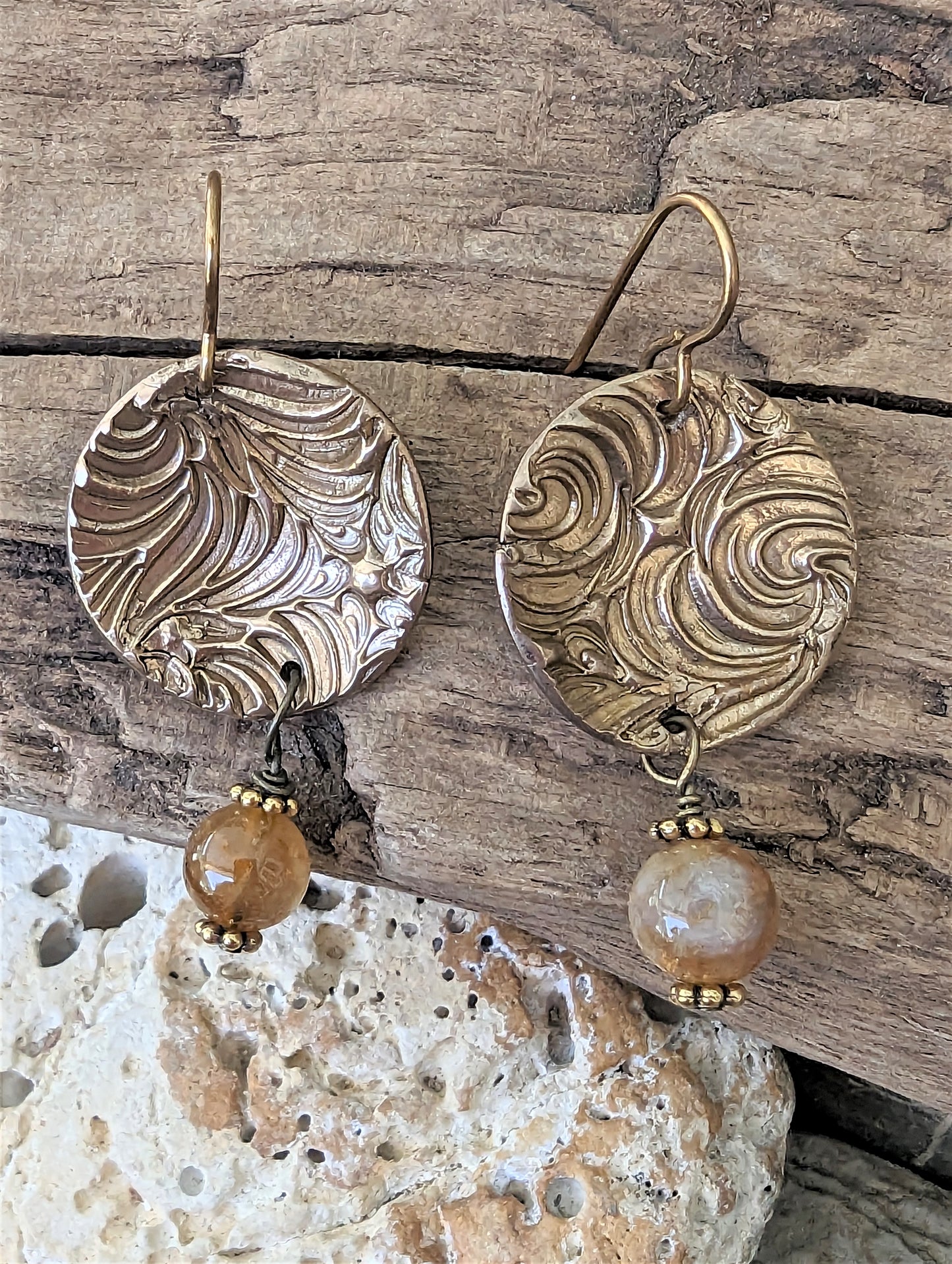 Golden Bronze Round Dangle Earrings, Artisan Bohemian Trendy Eco-Friendly Pierced Gemstone Earrings