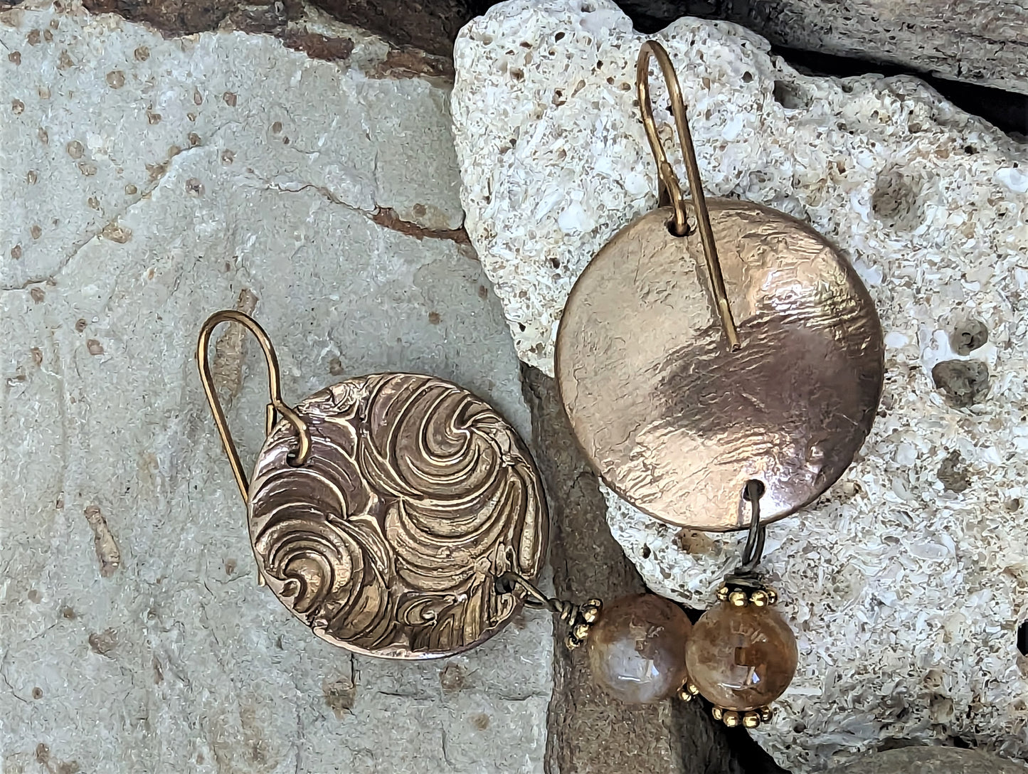 Golden Bronze Round Dangle Earrings, Artisan Bohemian Trendy Eco-Friendly Pierced Gemstone Earrings