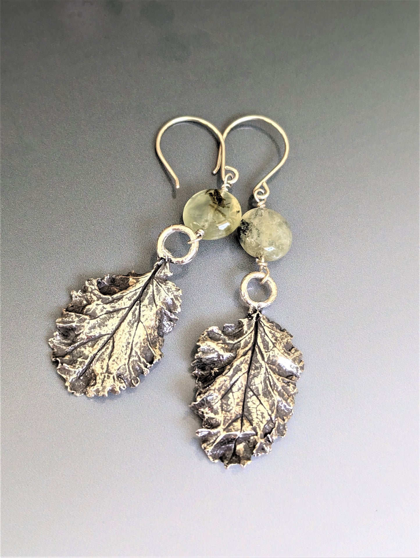 Silver Baby Curly Kale Leaf with Moss Agate Dangle Earrings