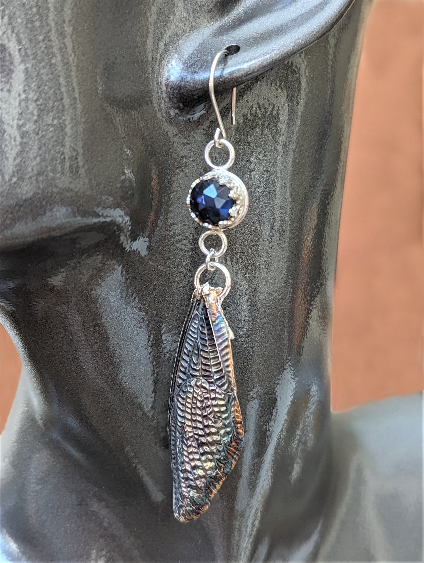 Silver Cicada Wing Long Dangle Pierced Earrings with Blue Labradorite, Eco-Friendly Bohemian