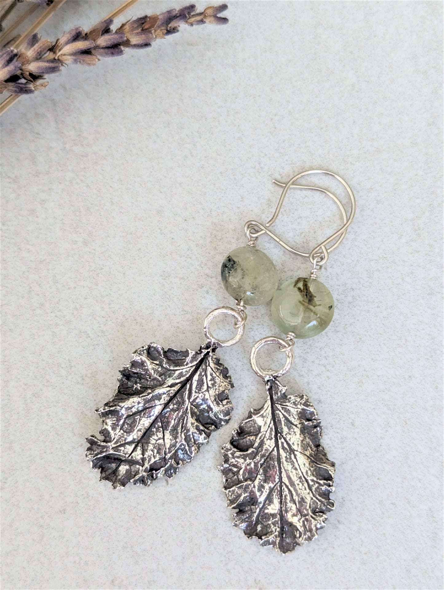 Silver Baby Curly Kale Leaf with Moss Agate Dangle Earrings