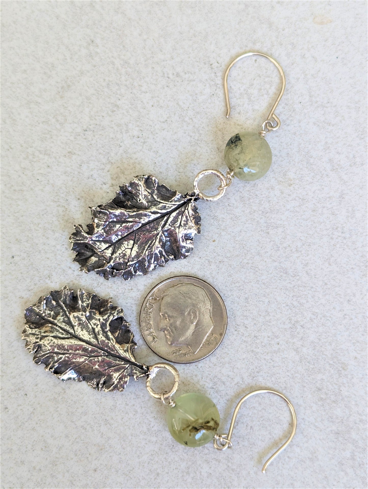 Silver Baby Curly Kale Leaf with Moss Agate Dangle Earrings